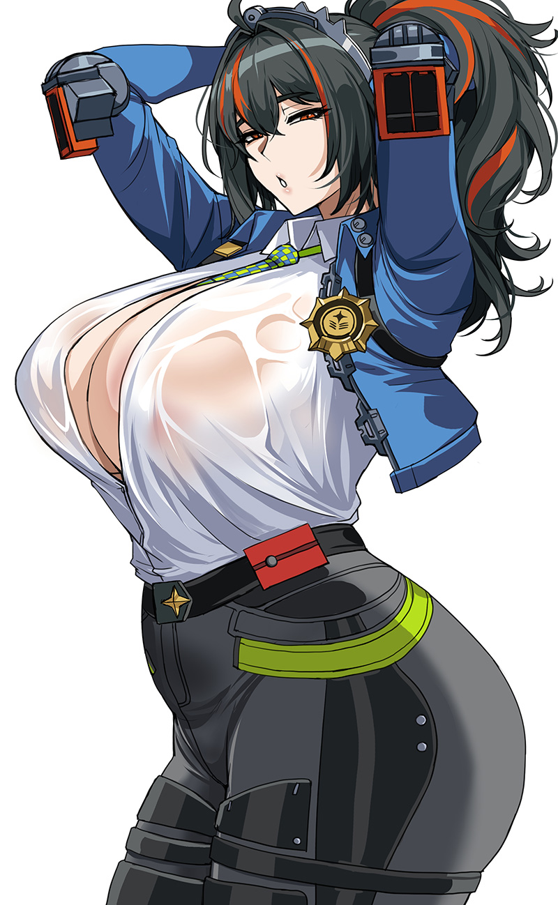 1girls arched_back arms_up badge big_breasts black_hair busty clevage clothed dark_hair drogod_(artist) female female_only fully_clothed hips hoyoverse huge_breasts large_breasts light-skinned_female light_skin mihoyo multicolored_hair police police_officer police_uniform policewoman red_eyes red_hair_stripe sweat sweating sweaty tagme thick thighs tied_hair twitter wet_clothes wet_shirt white_background wide_hips zenless_zone_zero zhu_yuan