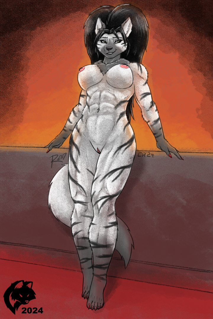 2024 5_toes abs anthro areola athletic athletic_anthro athletic_female big_breasts big_hair black_hair black_nose black_stripes breasts colored_nails feet female fingernails fur genitals ghostwolf grey_body grey_fur hair humanoid_feet humanoid_hands hyena lena_simin_hooshang mammal nails navel nipples nude nude_anthro nude_female pink_areola pink_nipples plantigrade pussy red_nails signature smile solo standing striped_body striped_fur striped_hyena stripes teeth toenails toes