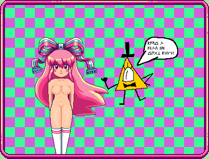 big_breasts bill_cipher bow checkered_background female female_focus giffany gravity_falls green_background pink_background pink_hair pixel_art socks thigh_highs translation_request