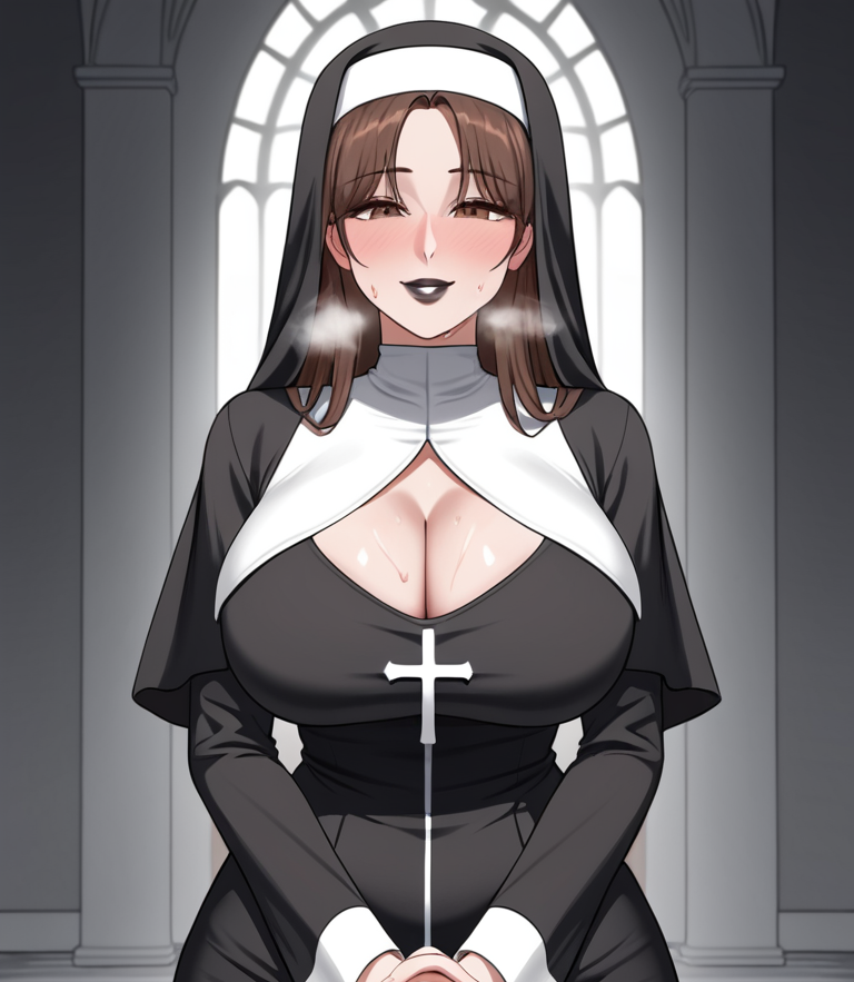 ai_generated black_lipstick brown_hair goth goth_girl goth_makeup goth_milf goth_nun gothic horny nun nun_outfit steam steamy_breath white_girl white_skin