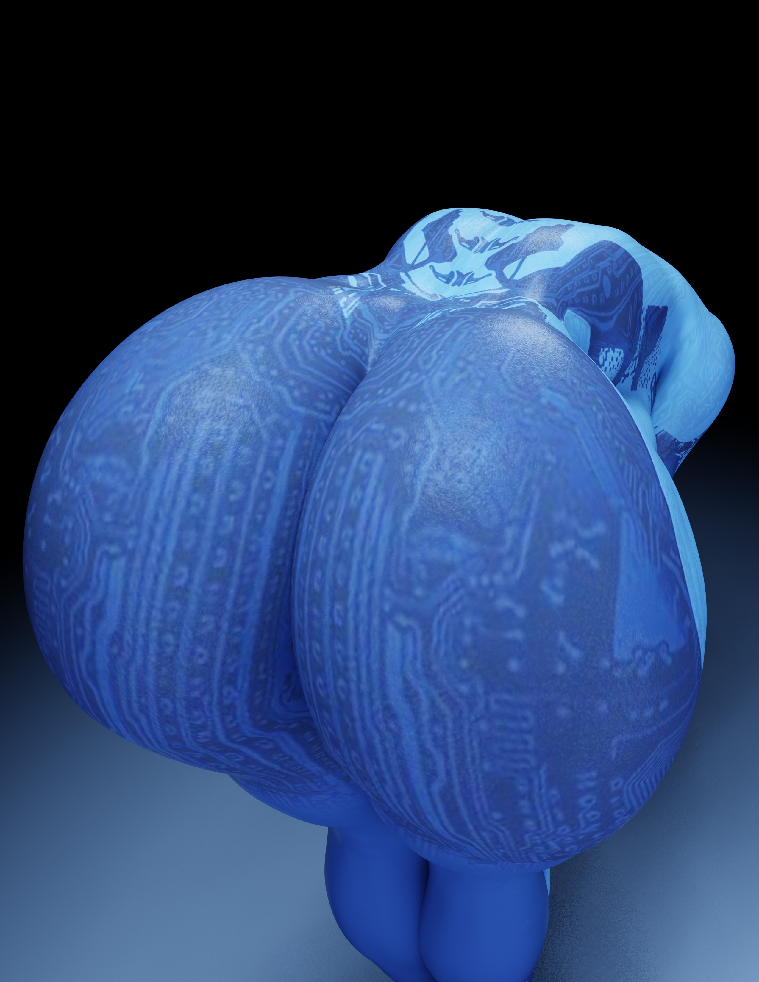 3d, 3d (artwork), ass, ass focus, bent over, big ass, big butt, blender, blender (software), blue body, blue skin, cortana, cpt-flapjack, halo (series), high resolution, highres, hyper ass, legs, ltflapjack, pose, posing, posing for the viewer, simple background, thick ass, thick thighs, video game character