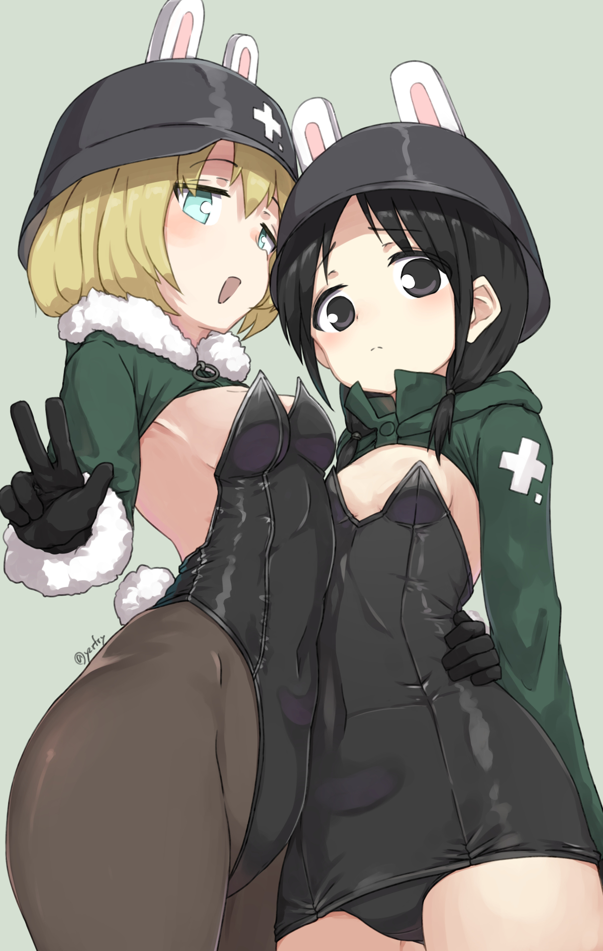 2girls, black hair, black leotard, black pantyhose, blonde hair, blush, chito (shoujo shuumatsu ryokou), cowboy shot, gloves, helmet, leotard, looking at viewer, playboy bunny, rabbit ear hairband, rabbit tail, shoujo shuumatsu ryokou, simple background, yuuri (shoujo shuumatsu ryokou), zafuri (yzrnegy)