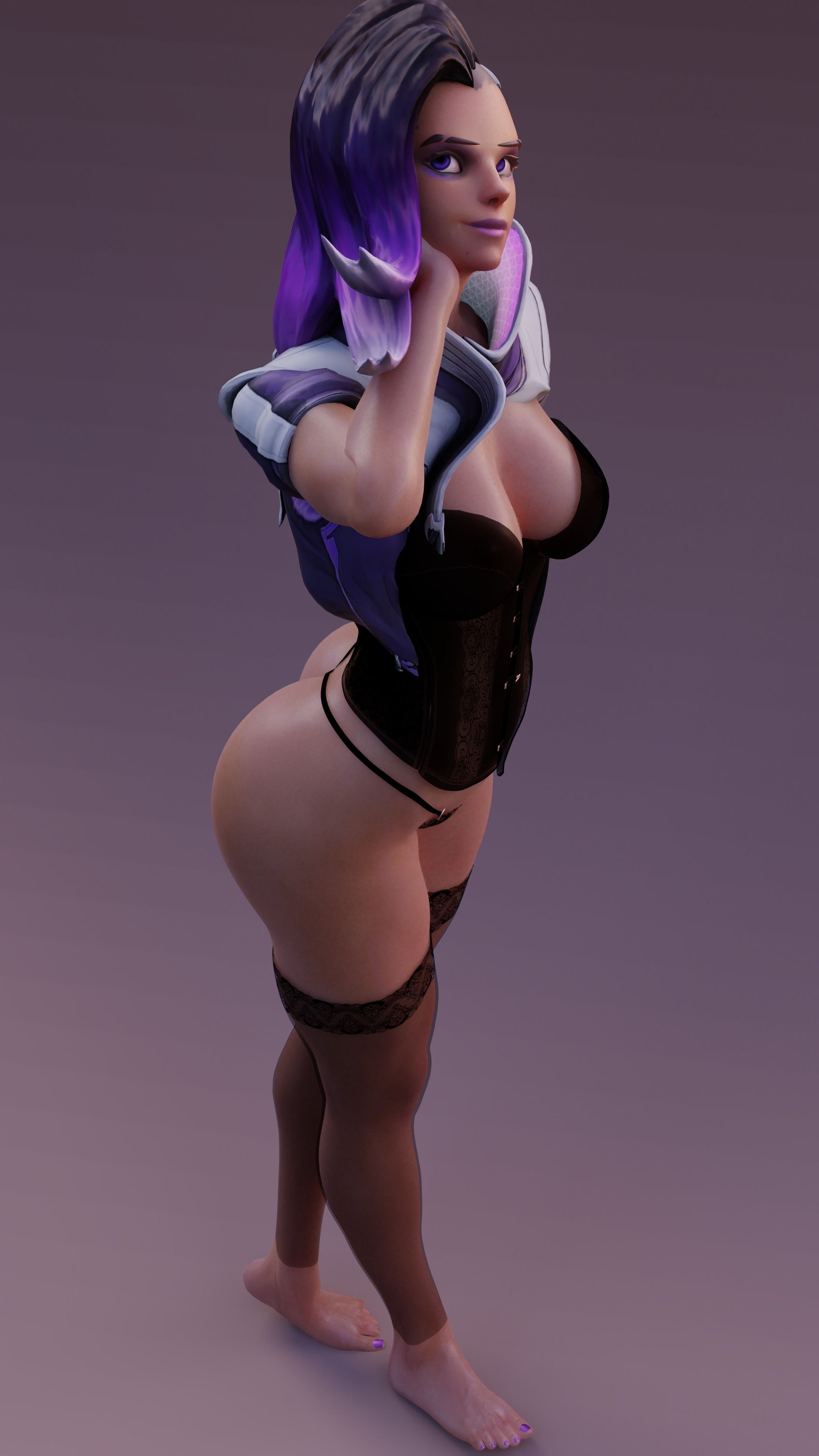 3d, absurdres, arhoangel, arm up, ass, big ass, big breasts, black hair, blender, blizzard entertainment, breasts, corset, dark skin, dark-skinned female, feet, female, female only, hand on cheek, highres, oppai, overwatch, purple eyes, purple lipstick, purple toenails, sombra, stockings, thighhighs, thong