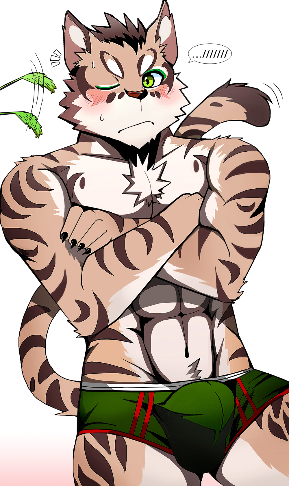 2018 anthro bearlovestiger13 blush bulge feline green_eyes male male_only mammal nekojishi shu-chi simple_background solo white_background