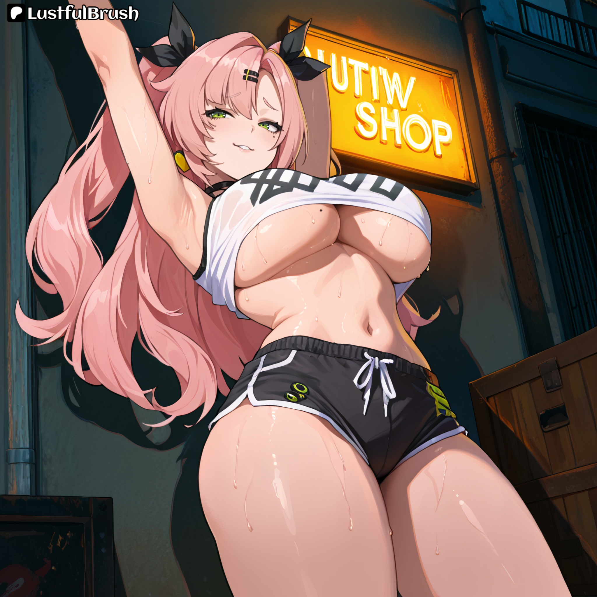 ai generated, female, female only, huge breasts, lustfulbrush, nicole demara, shorts, streching, underboob, white topwear, zenless zone zero, zzz