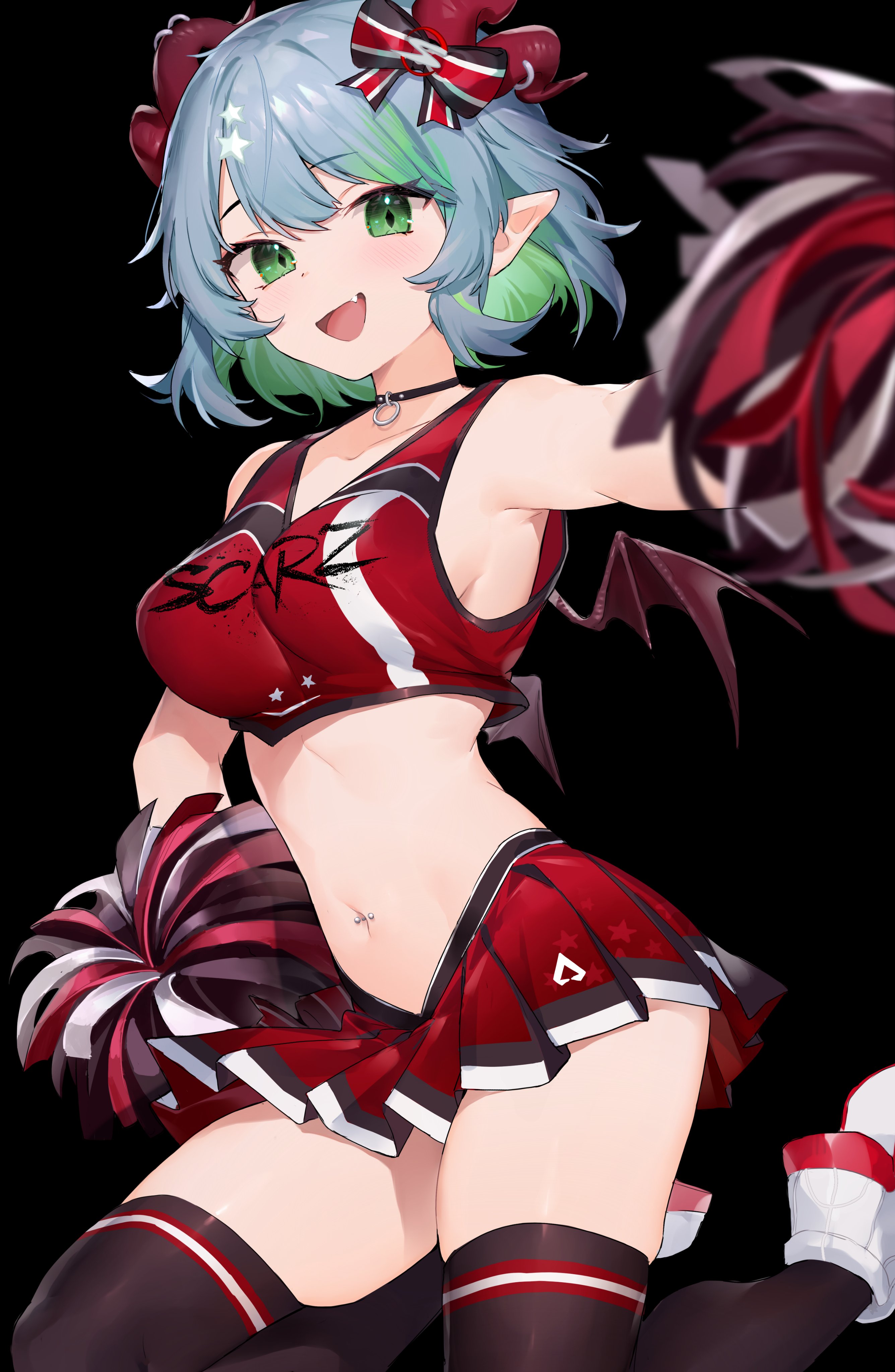 :d, 1girls, absurd res, absurdres, armpit, armpit crease, armpit fetish, armpits, big breasts, black background, blush, bow, breasts, cheerleader, cheerleader outfit, cheerleader uniform, choker, contrapposto, demon horns, demon wings, fang, female, froot, green eyes, green hair, grey hair, hair ornament, hairbow, happy, high quality, high resolution, highres, horn piercing, horns, impossible clothes, impossible fit, indie virtual youtuber, kneeling, looking at viewer, medium breasts, messy hair, midriff, miniskirt, multicolored hair, navel, navel piercing, neonbeat, oerba yun fang, on knees, open mouth, open smile, parted bangs, petite, pierced belly button, piercing, pointy breasts, pointy ears, pom poms, red horns, red wings, scarz, short hair, sideboob, sidelocks, simple background, skirt, sleeveless, slim, slim waist, smile, sneakers, solo, star hair ornament, streaked hair, swept bangs, tank top, thick thighs, thigh squish, thighhighs, thighs, tongue, v-neck, virtual youtuber, vtuber, wings