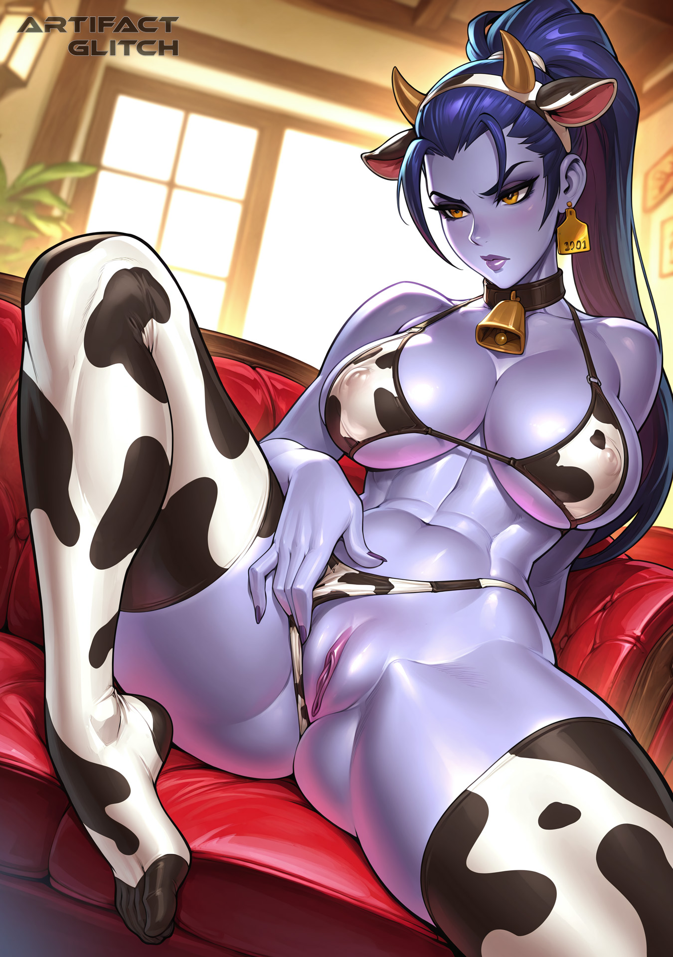 abs, ai generated, angry, artifactglitch, ass, bell, belly, belly button, big ass, big breasts, big butt, blizzard entertainment, blush, breasts, butt crack, couch, cow bell, cow bell collar, cow ears, cow girl, cow horns, cow horns headband, cow print, cow print bikini, cow print bra, cow print panties, cow print stockings, feet, foot up, legs, legs apart, legs spread, legs up, long hair, nipples, nipples visible through clothing, overwatch, overwatch 2, panties, panties aside, panties pulled aside, ponytail, pouting, purple hair, purple lips, purple skin, pussy, pussy peek, sitting, thigh high stockings, thigh highs, toes, widowmaker, yellow eyes