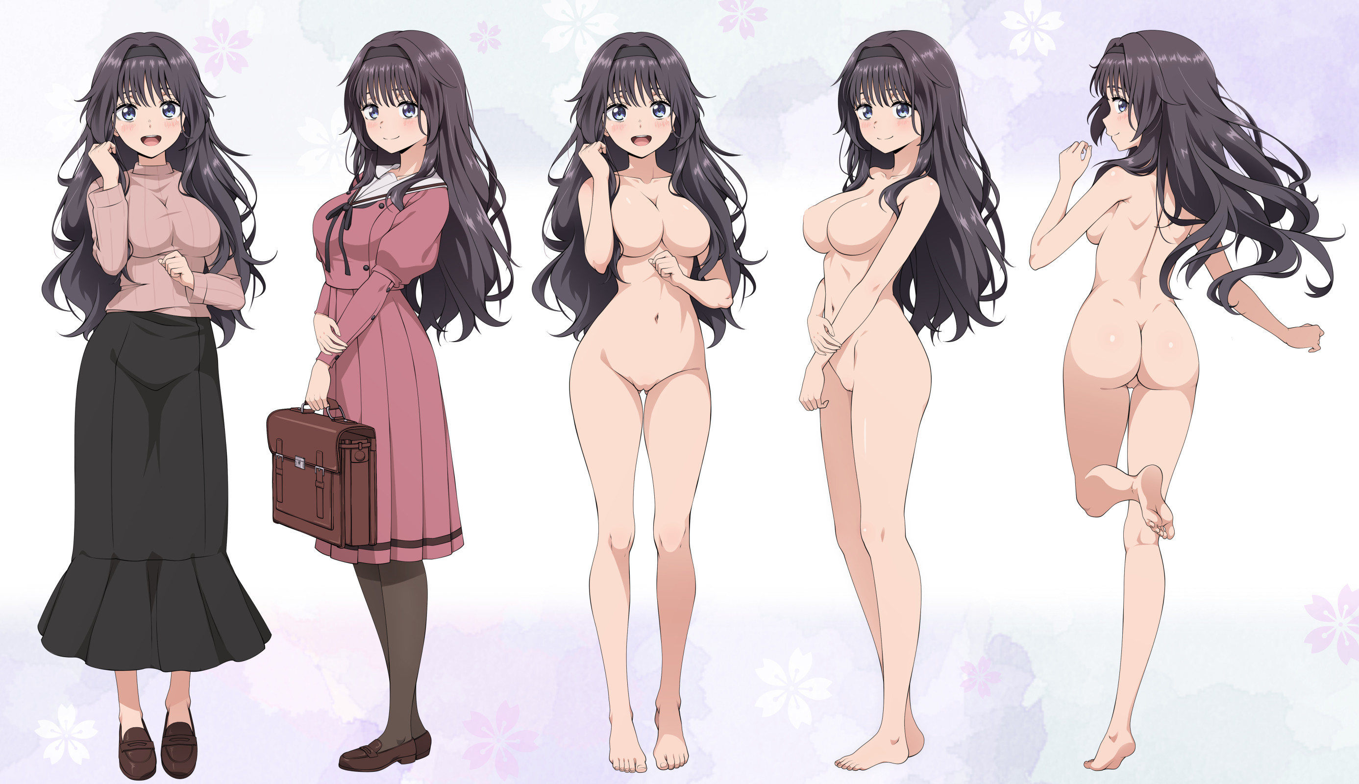 1girls, ass, bag, barefoot, black dress, black hair, black ribbon, breasts, commentary request, completely naked, completely nude, dress, feet, female, full body, highres, holding, holding bag, kaoru hana wa rin to saku, long hair, long skirt, looking at viewer, medium breasts, multiple views, nanikairu, navel, neck ribbon, no nipples, no pussy, nude, paid reward available, pantyhose, pink shirt, pink skirt, pink sweater, pleated skirt, ribbed sweater, ribbon, school uniform, shirt, skirt, soles, standing, standing on one leg, sweater, thighs, toes, turtleneck, turtleneck sweater, waguri kaoruko