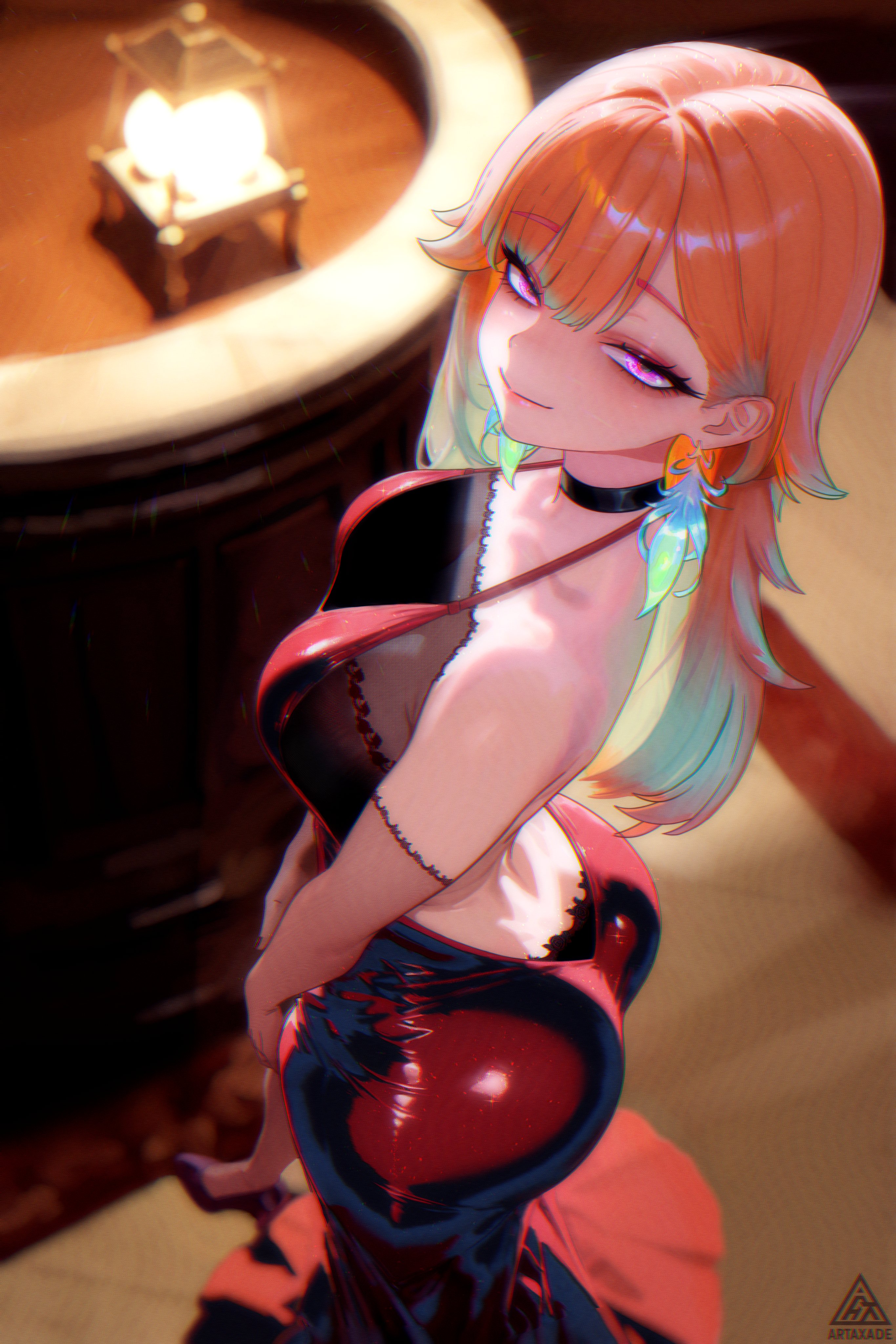 1girls, absurdres, alternate costume, ass, black choker, breasts, choker, commentary, dress, earrings, english commentary, evening gown, feather earrings, feathers, female, female only, gradient hair, green feathers, green hair, hamaxade, highres, hololive, hololive english, jewelry, large breasts, long hair, looking at viewer, multicolored hair, orange hair, purple eyes, smile, solo, takanashi kiara, virtual youtuber