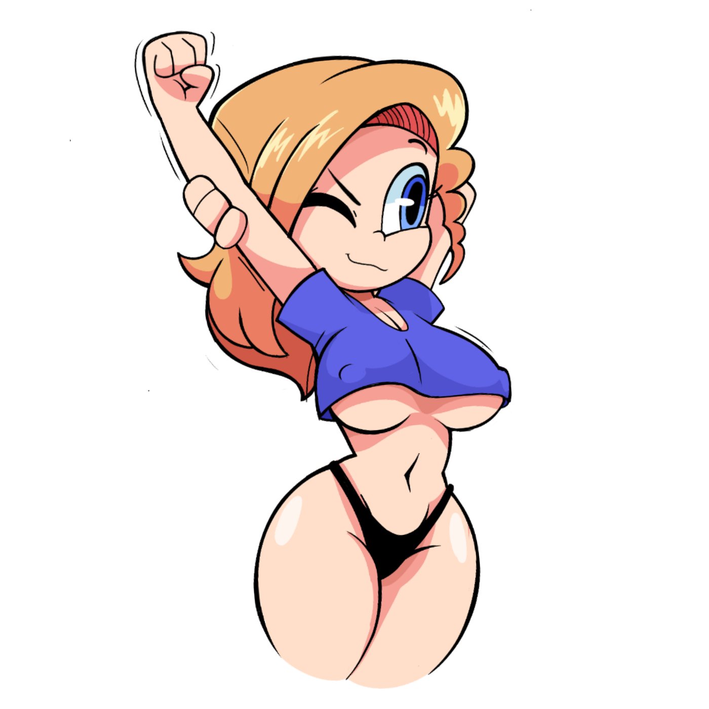 1girls, 2021, arms up, black panties, blonde hair, blue eyes, breasts, cassidy (saymanart), cleavage, crop top, drawmatt, female, female only, human, human only, light skin, light-skinned female, long hair, looking away, navel, nipple bulge, no bra, one eye closed, original, original character, panties, smile, solo, thighs, underboob, white background