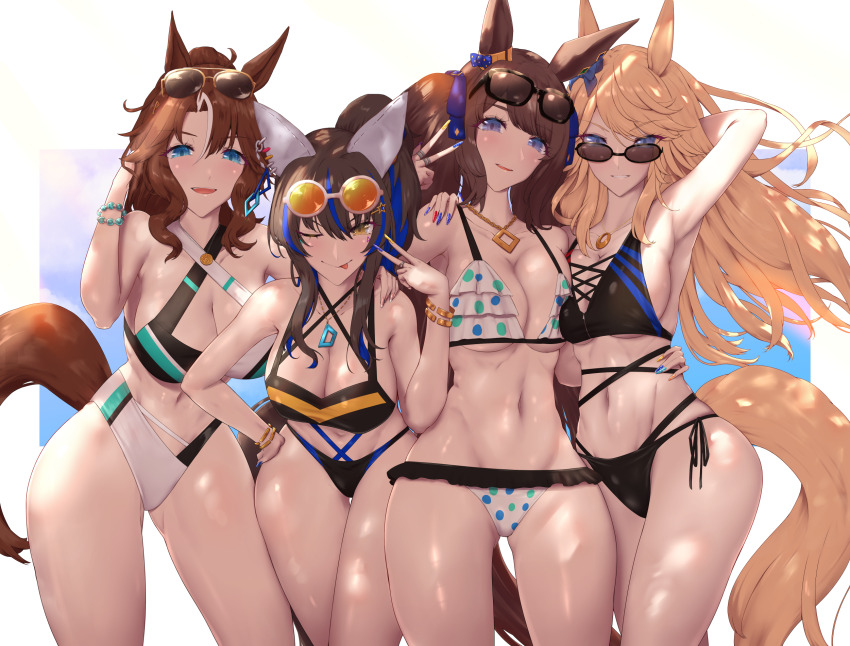 4girls, bikini, breasts, daitaku helios (umamusume), ear ornament, gold city (umamusume), gyaru, horse ears, horse girl, horse tail, mejiro palmer (umamusume), painted nails, peace sign, shiroshisu, sunglasses, sunglasses on head, swimsuit, thighs, tosen jordan (umamusume), umamusume, umamusume pretty derby