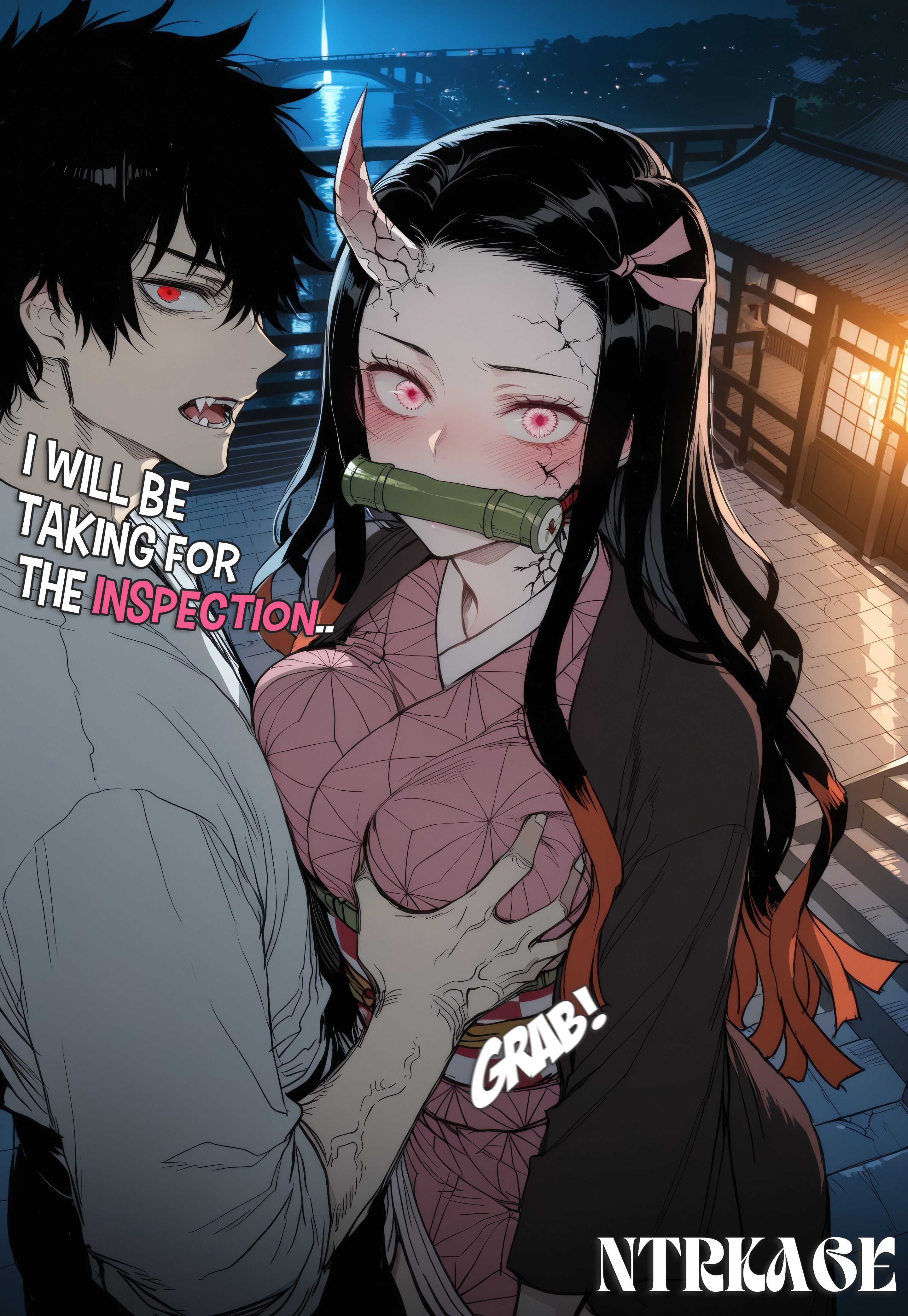 1boy, 1girls, ai generated, big breasts, breast grab, breast press, cheating, cheating girlfriend, cuckold, demon slayer, english text, hi res, highres, imminent sex, kamado nezuko, kimetsu no yaiba, netorare, nezuko (demon form), nezuko kamado, ntrkage, slim waist