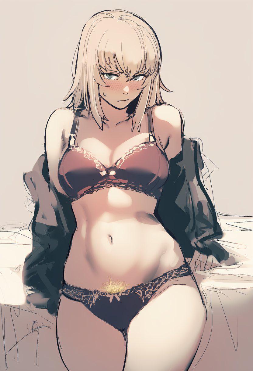 1girls, ai generated, blush, bushy pubes, girls und panzer, itsumi erika, solo female, thighs, underwear, white hair
