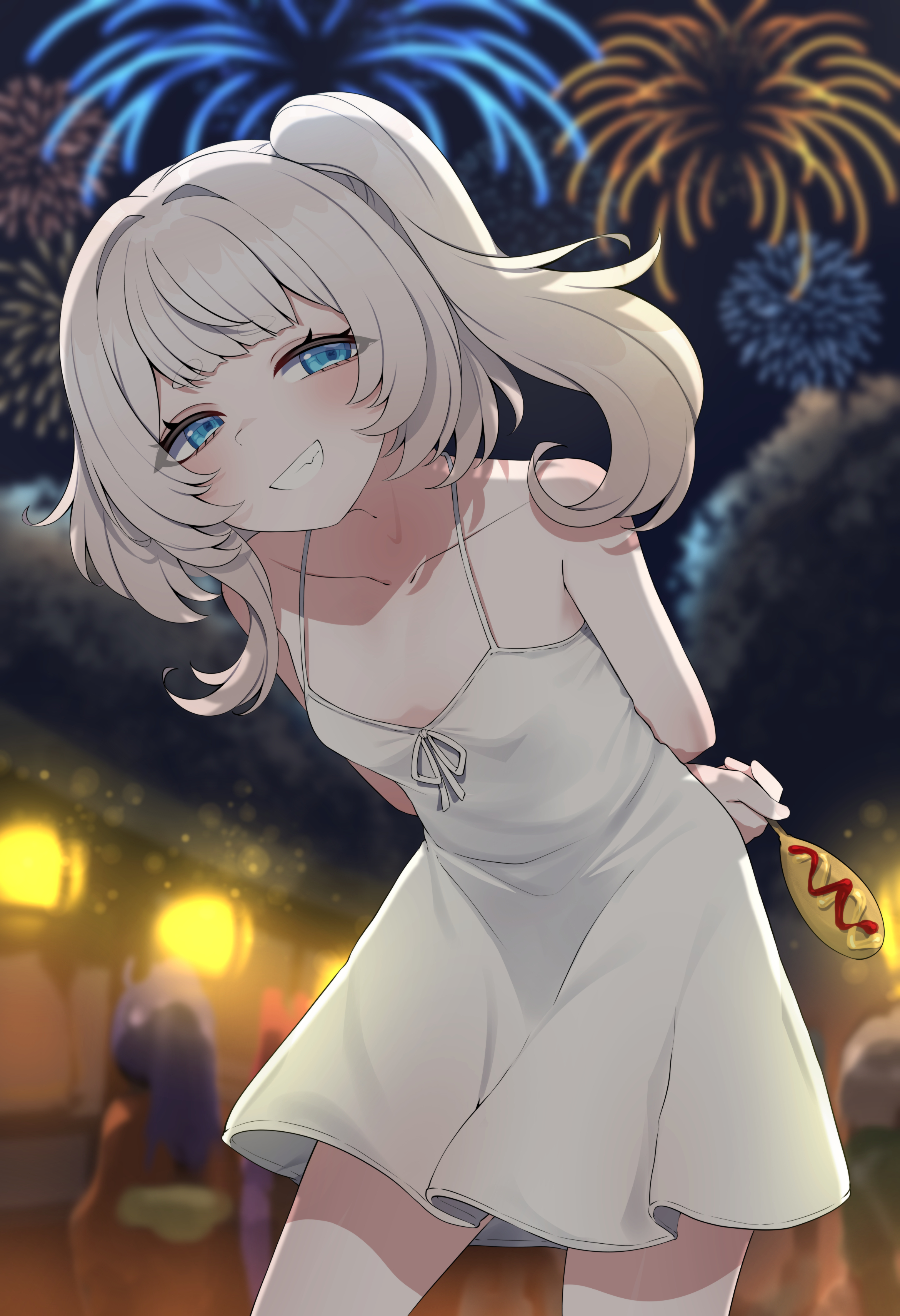 1girls, absurdres, aerial fireworks, blue eyes, collarbone, corn dog, dress, female, female only, festival, fireworks, flat chest, food, grey hair, highres, holding, holding food, looking at viewer, marimari en, night, phase connect, shadow, side ponytail, sky, smile, solo, valefal coneri, virtual youtuber, white dress