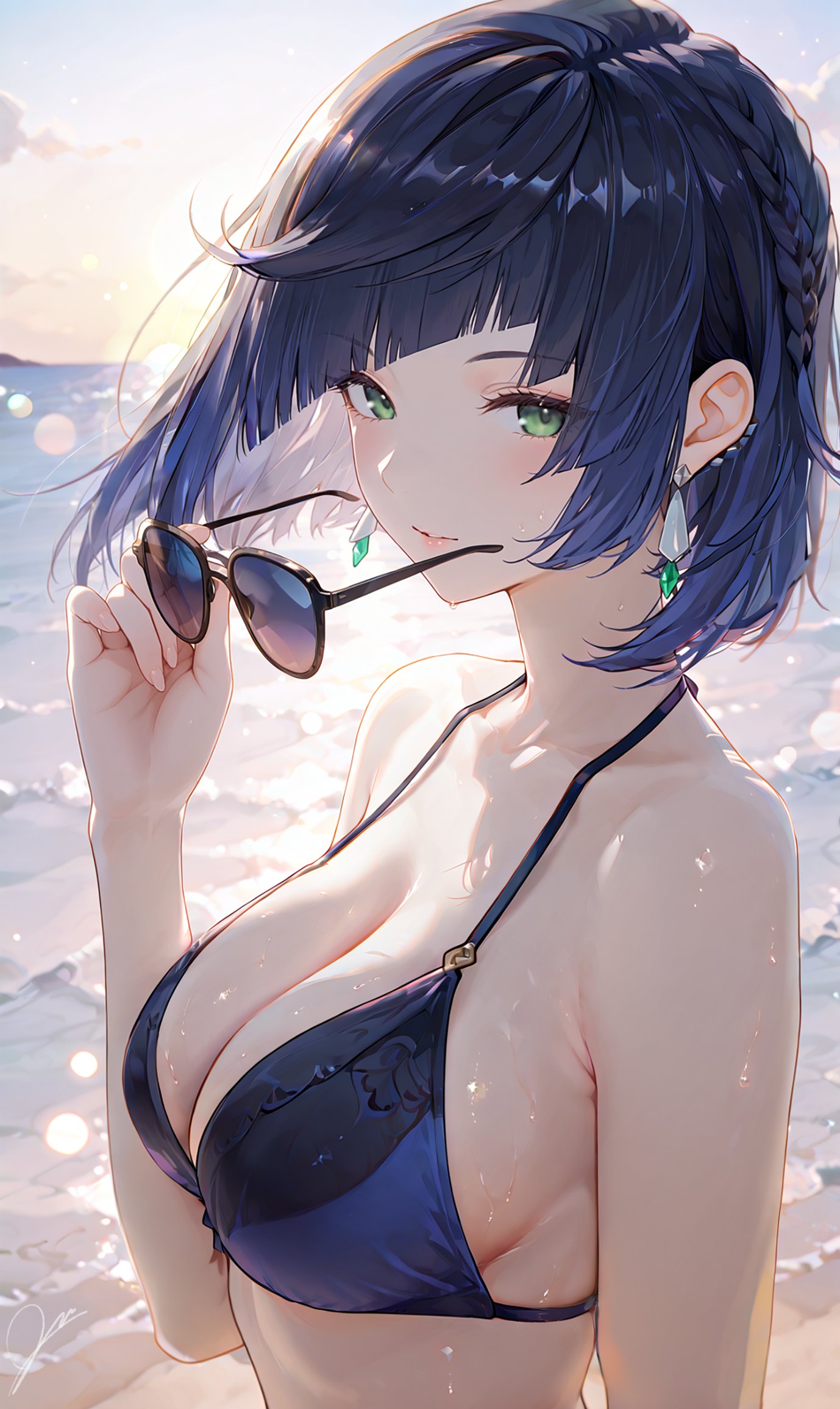 1girls, ai generated, blue hair, genshin impact, green eyes, large breasts, looking at viewer, short hair, sideboob, sunglasses, yelan (genshin impact)