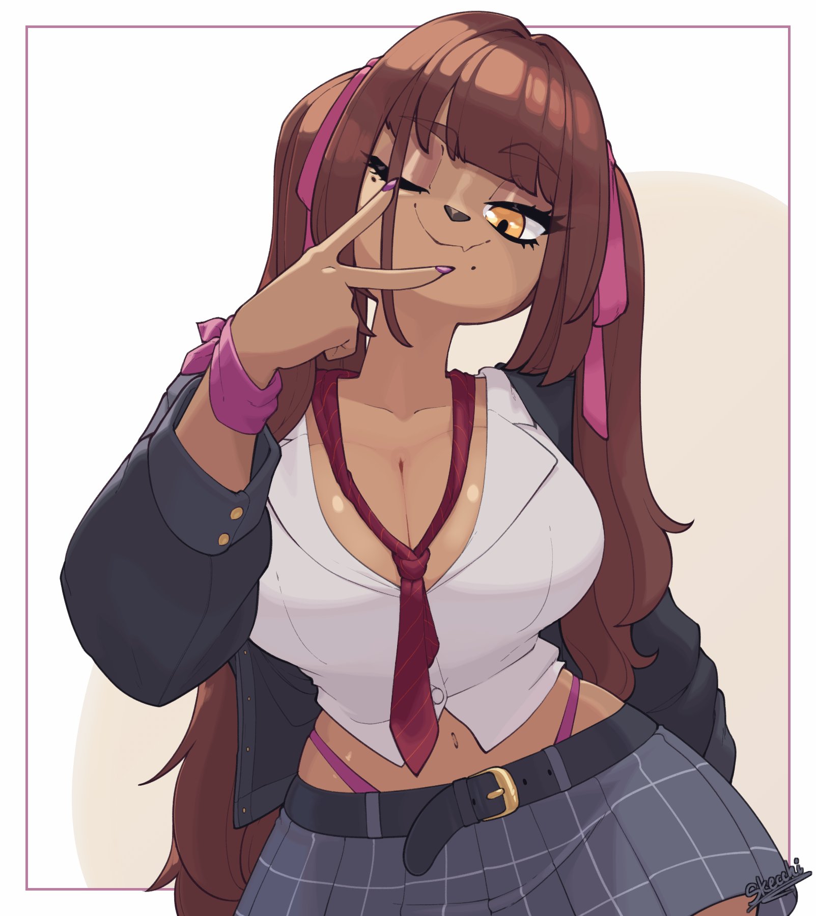 1girls, 2025, anthro, big breasts, biped, bottomwear, breasts, brown body, brown hair, canid, canine, clothed, clothing, czekoladka (skecchiart), eyelashes, female, female only, glistening, glistening body, glistening eyelids, hair, hi res, long eyelashes, looking at viewer, mammal, navel, panties, pupils, skecchiart, skirt, smile, smiling, smiling at viewer, solo, thick thighs, thong straps, underwear, v sign, white clothing, yellow eyes