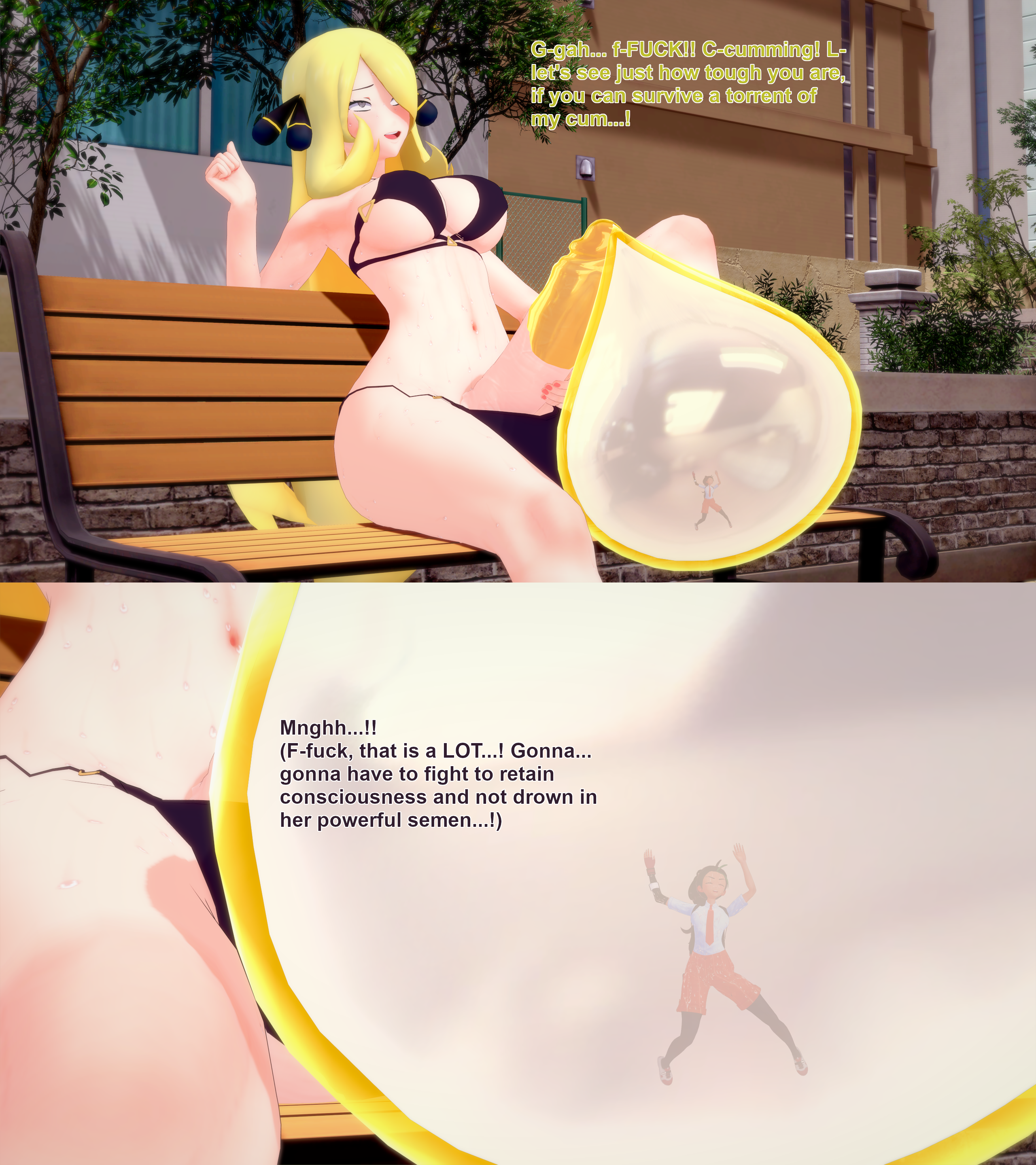 1futa, 1girls, 2025, 3d, bikini, black hair, blonde hair, condom, condom filling, cum, cum in condom, cynthia (pokemon), drowning in cum, ejaculation, english text, female, futa giantess, futanari, giantess, giantess futa, huge cock, intersex, koikatsu, nemona (pokemon), nintendo, penis, pokemon, pokemon dppt, pokemon sv, shrinking, shrunken female, size difference, swimsuit, text, trapped in condom, xavierhuge