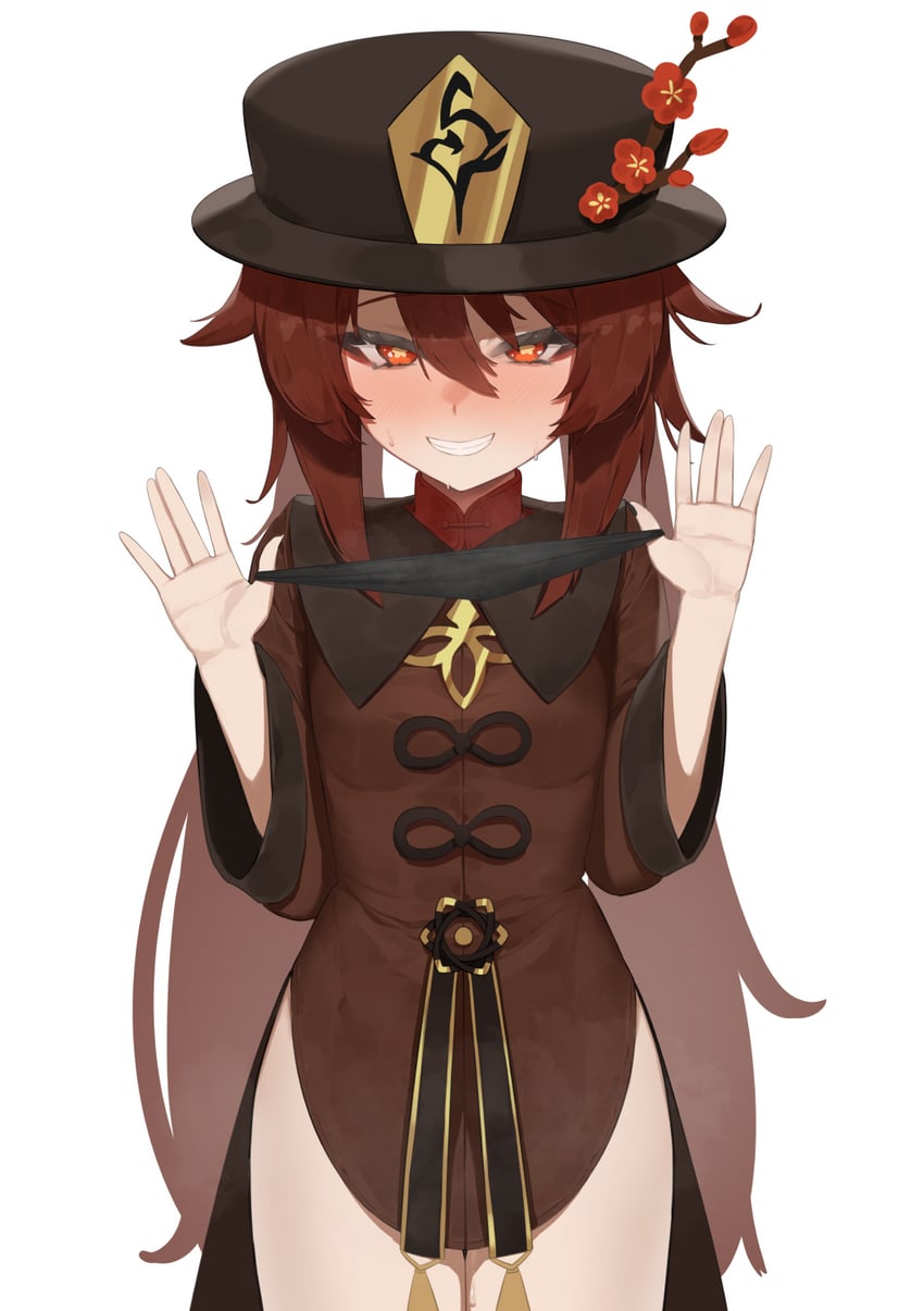 1girls, black hat, black panties, blush, brown hair, chinese clothes, female, flasso, flower in hair, flower shaped pupils, genshin impact, grin, hands up, hat, hat flower, holding panties, holding underwear, holding unworn clothes, hu tao (genshin impact), looking at viewer, no pants, simple background, smile, solo, sweatdrop, twintails, underwear, white background