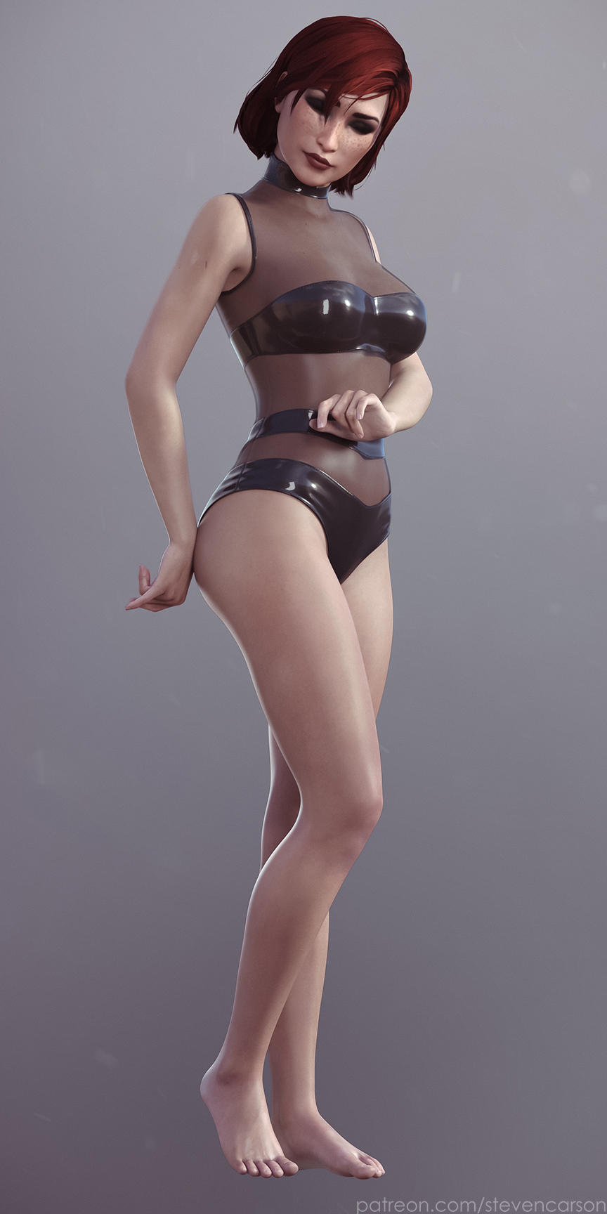 1girls, 3d, barefoot, breasts, cleavage, commander shepard, curvy, feet, female, female only, femshep, large breasts, latex, mass effect, panties, red hair, solo, stevencarson