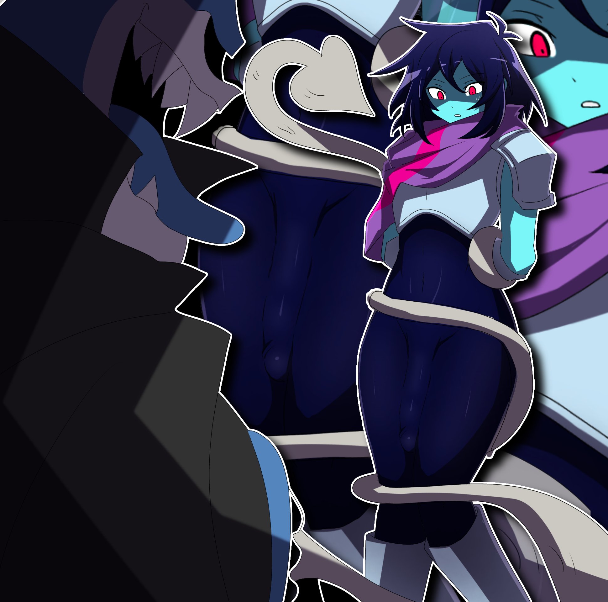 1boy, 1other, armor, big penis, blue body, blue skin, bodysuit, captured, clothing, cock, deltarune, deltarune chapter 1, dick, erection under clothes, femboy, feminine, freaky, gay, human, king spade, kris (dark world form), kris (deltarune), large penis, male, male/ambiguous, penis under clothes, red eyes, shocked, shocked expression, skin tight, skintight, tagme, tentacle, tentacle on human, tight clothing, undertale (series), zukafu shimoto
