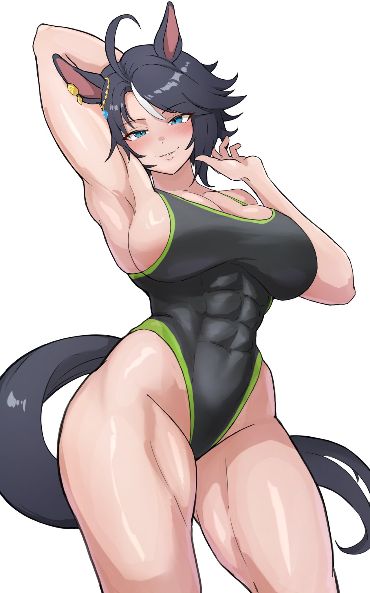 1girls, abs, ahoge, alternate costume, animal ears, arm up, armpits, black hair, black one-piece swimsuit, blush, breasts, cleavage, closed mouth, cowboy shot, ear ornament, fuji kiseki (umamusume), groin, hair between eyes, hi res, highleg, highleg one-piece swimsuit, horse ears, horse girl, horse tail, large breasts, miya nns35, muscular, muscular female, one-piece swimsuit, short hair, simple background, smile, solo, swimsuit, tail, thick thighs, umamusume, white background