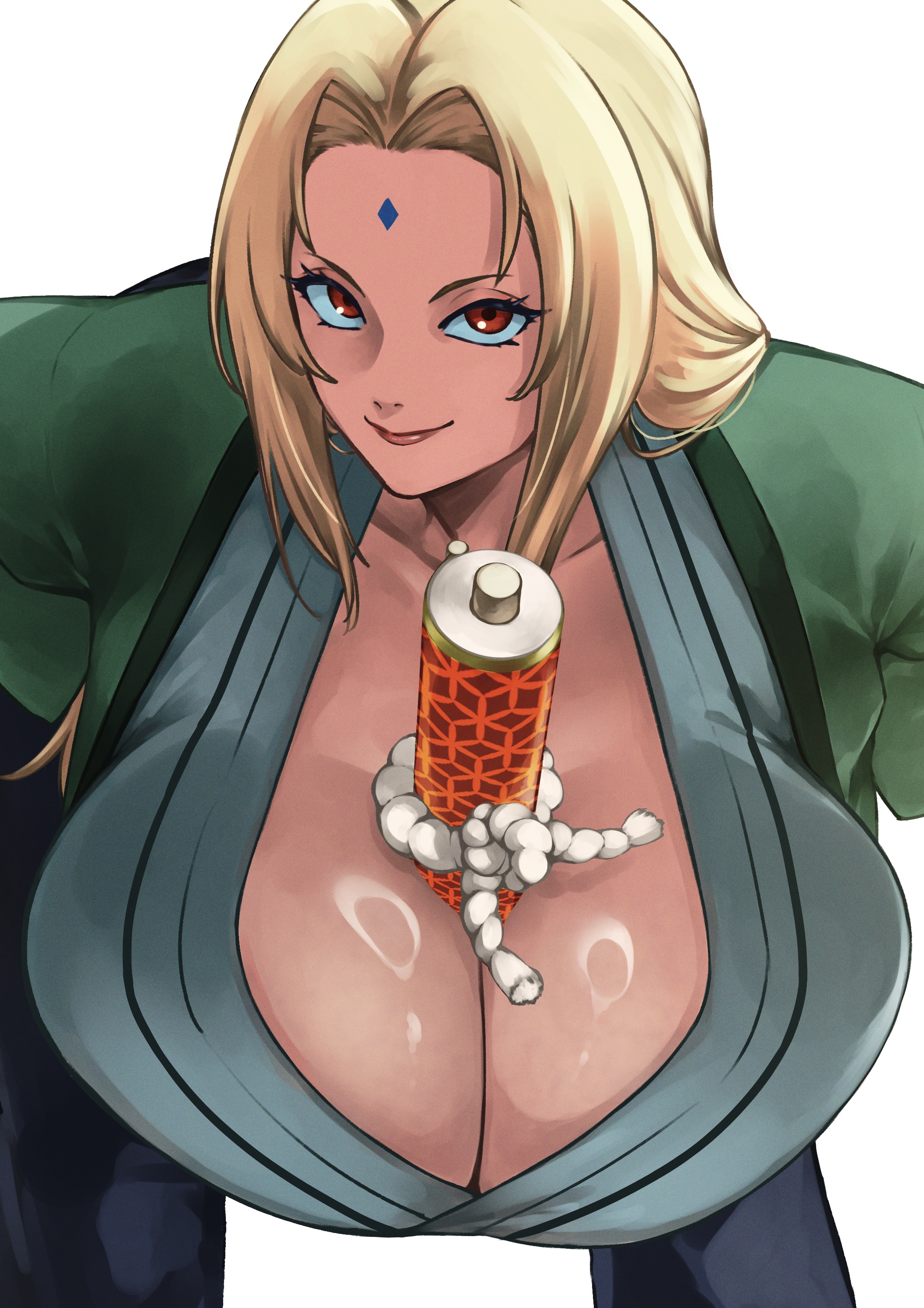 absurdres, bent over, blonde hair, breasts, brown eyes, cleavage, commentary request, facial mark, female, forehead mark, highres, huge breasts, implied paizuri, japanese clothes, kyugata, kyuugata, long hair, looking at viewer, mature female, milf, naruto, naruto (series), naruto shippuden, object between breasts, scroll, smile, solo, top heavy breasts, tsunade, voluptuous, white background