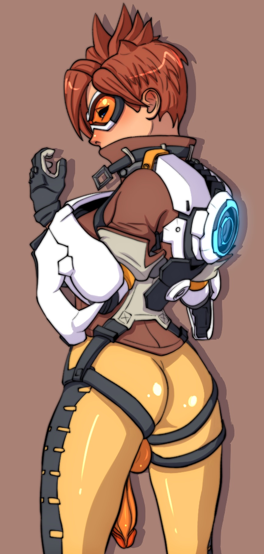 1futa, blizzard entertainment, blue eyes, bodysuit, bomber jacket, brown hair, chronal accelerator, clothing, dickgirl, futa only, futanari, handwear, harness, human, intersex, jacket, overwatch, sen-kg, short hair, tracer