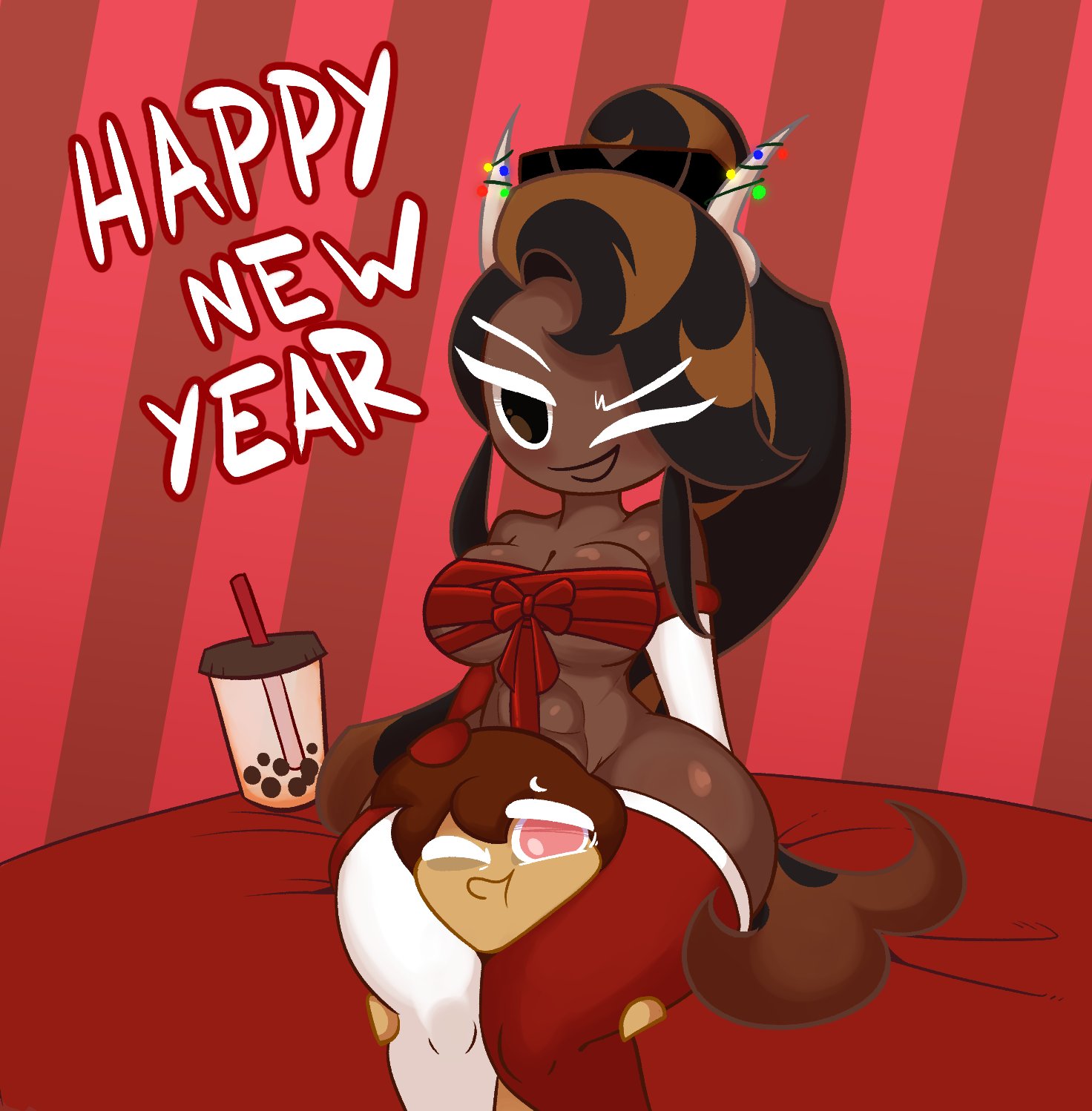 1girls, caramel arrow cookie, cookie run, cookie run kingdom, cute, dark-skinned female, female, head between thighs, long hair, multicolored hair, mycookie oc, nebeeafterdark, new year, new year 2025, tagme, wrapped breasts