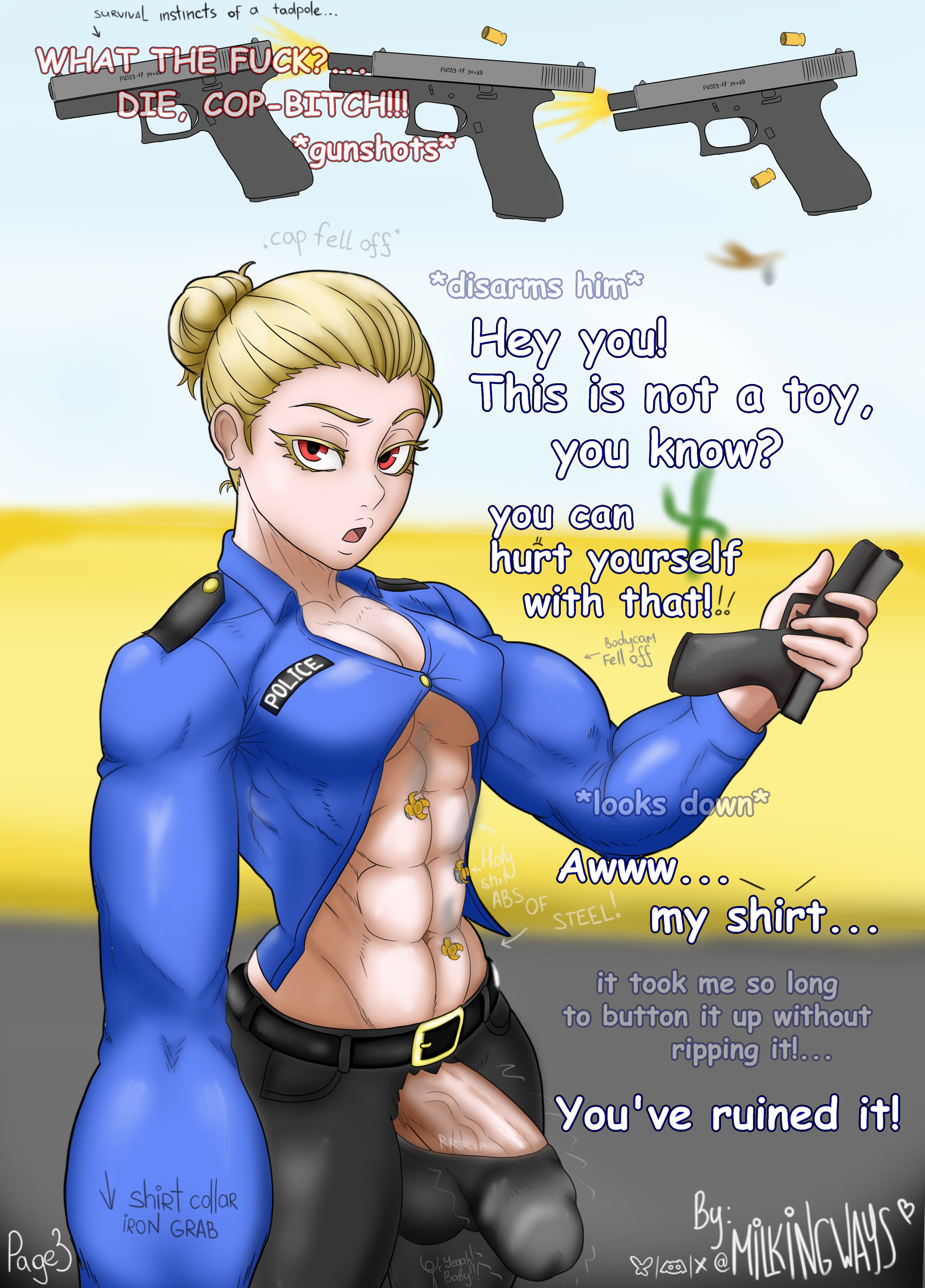 1futa, abs, annoyed, ass, being held, big ass, big breasts, big penis, blonde futa, blonde hair, breasts, bulge under clothes, bullet, clothed, clothing, cock, dick, dominant, dominant futa, fat cock, futa, futa cock, futa is bigger, futa milf, futa mommy, futa only, futadom, futanari, getting bigger, getting erect, gigantic penis, gun, huge bulge, huge cock, human, hung, invulnerable, light skin, long penis, looking at viewer, massive cock, massive penis, mature, mature body, mature figure, mature futa, milf, milkingways, mommy, mostly clothed, muscle mommy, muscles, muscular, muscular abs, muscular arms, muscular biceps, muscular futa, muscular futanari, muscular legs, muscular shoulders, muscular thighs, original character, penis, penis under clothes, police, police uniform, red eyes, solo, solo futa, strong, strong futa, sweetheart (milkingways), talking to viewer, text, thick, thick ass, thick thighs, thighs, tight clothing, tight shirt, veins, veiny, veiny penis, voluptuous, voluptuous futanari, weapon, wide hips