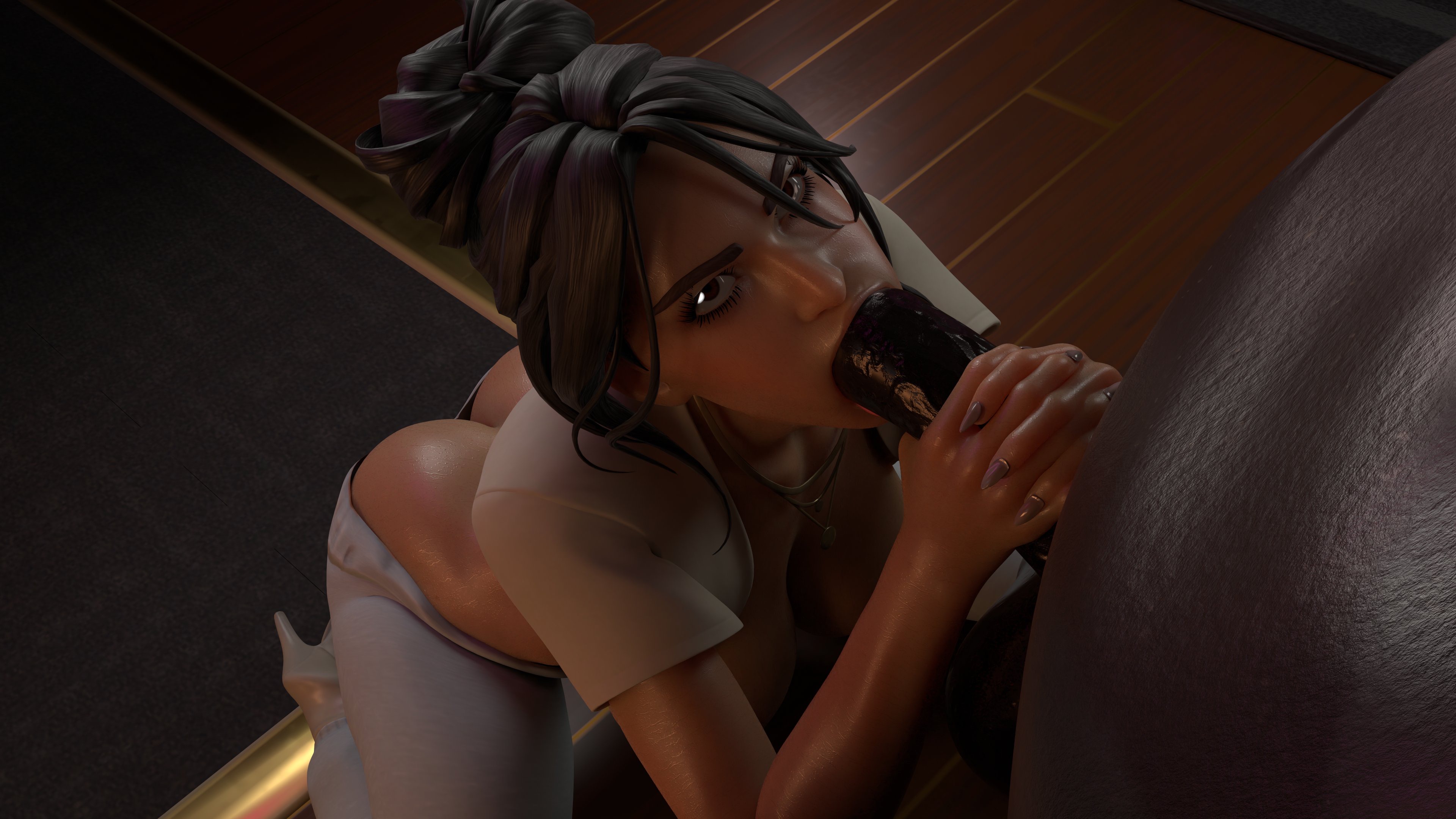 1boy, 1boy1girl, 1girls, 2025, 3d, 3d (artwork), 3d model, ass, asscheeks, black body, black hair, black-haired female, brown eyes, brown-eyed female, casual, casual clothes, celebrity, dark skin, dark-skinned male, epic games, fellatio, female, female focus, fortnite, fortnite: battle royale, hand on penis, hands around penis, interracial, kim kardashian, kim kardashian (fortnite), looking at partner, mature female, older female, real person, tan body, tan skin, tan-skinned female, thick penis, toned, toned body, toned female, unseen male face, video game, video game character, video game franchise, video games