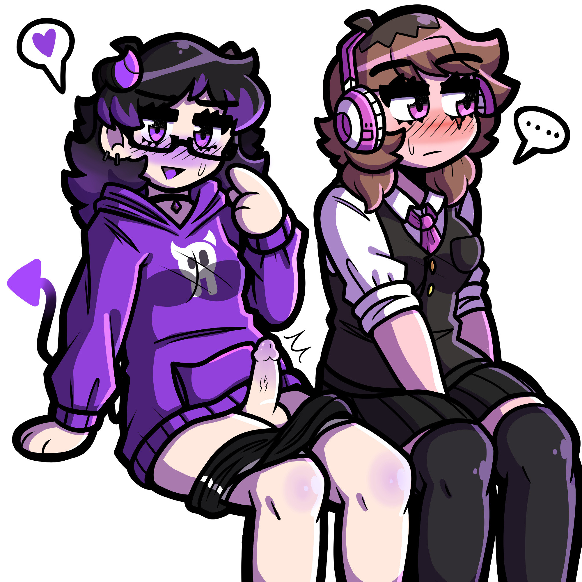 ...., 2girls, akira (ikeychain), black hair, blush, brown hair, eye scar, heart, hoodie, ikeychain, miniskirt, natalie (ikeychain), original, penis out, pigtails, pink eyes, purple eyes, purple tongue, shorts down, skirt, sweat, tagme, thighhighs, thighs, tie, trans woman