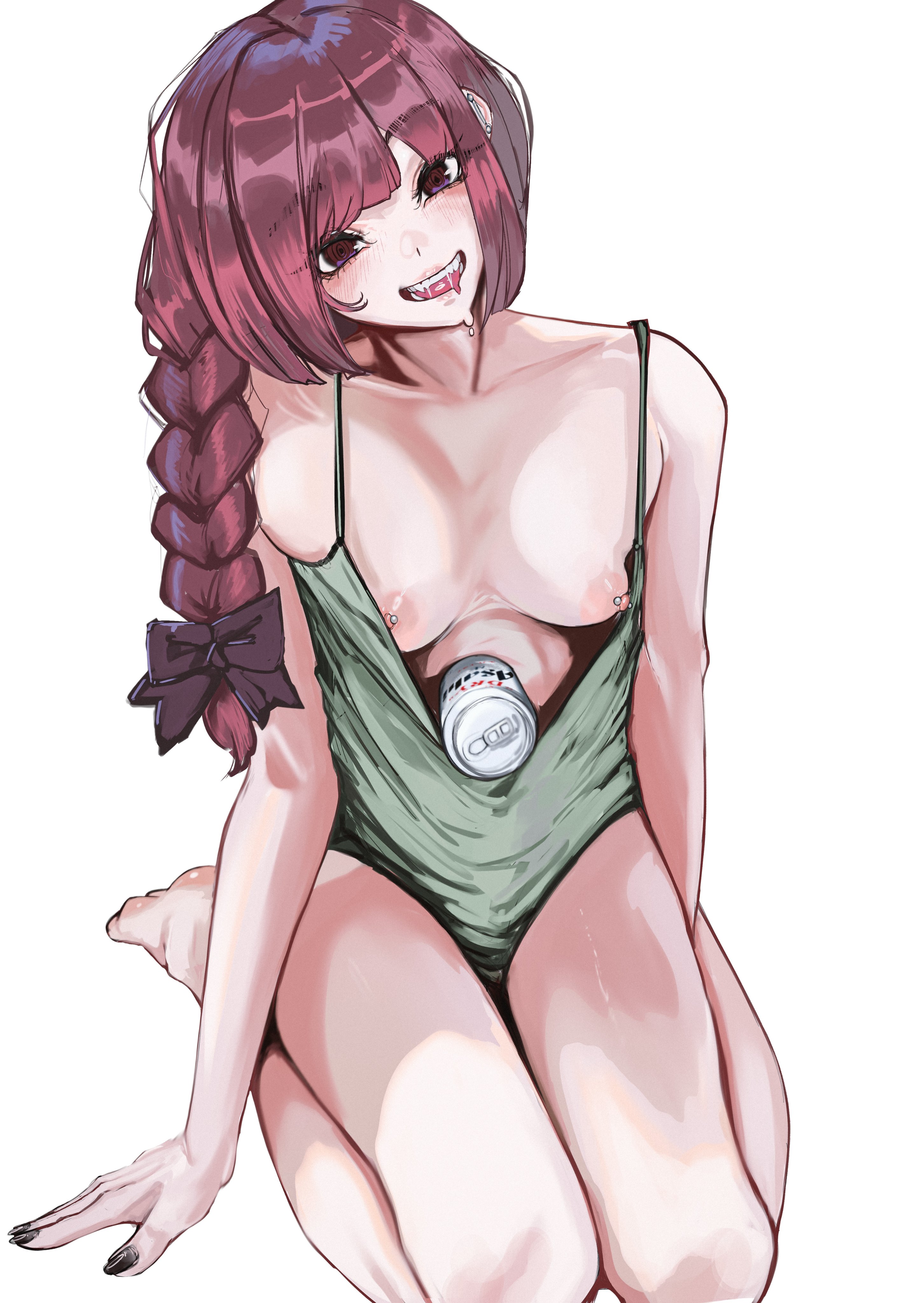1girls, barefoot, beer can, blush, bocchi the rock!, braid, breasts, breasts out, clothing, dress, dress pull, female, female only, hiroi kikuri, kaiserart, kneeling, long hair, looking at viewer, medium breasts, nipple piercing, nipples, open mouth, purple eyes, red hair
