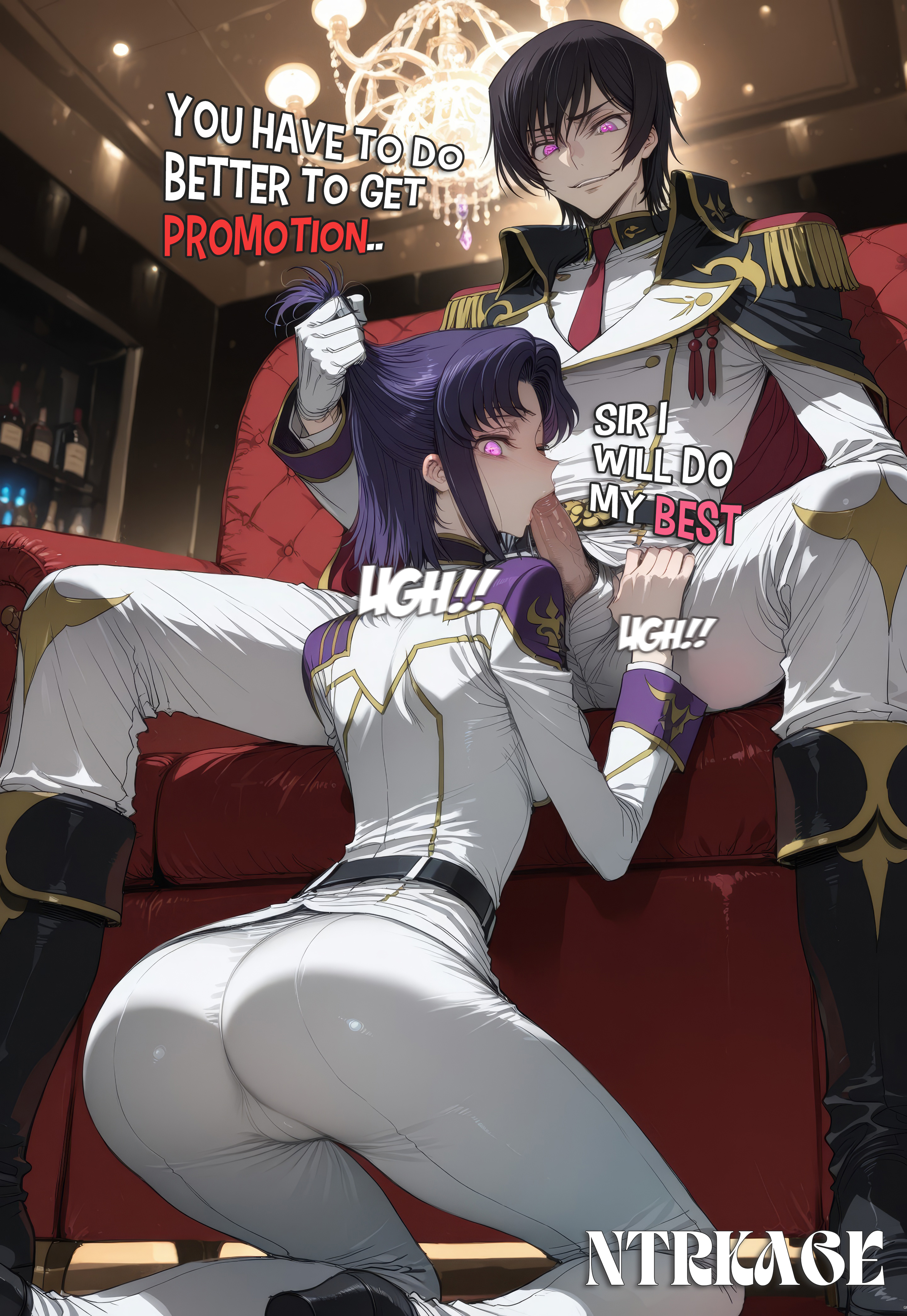 1boy, 1girls, ai generated, ass, blowjob, bubble butt, cecile croomy, chair, cheating, cheating girlfriend, code geass, english text, evil grin, fellatio, forced, hair grab, hair pull, hi res, highres, kneeling, kneeling oral position, lelouch lamperouge, luxury, master, military, military uniform, mind control, netorare, ntr, ntrkage, oral, sitting, sitting on chair, slim waist, smile, smug, thick thighs