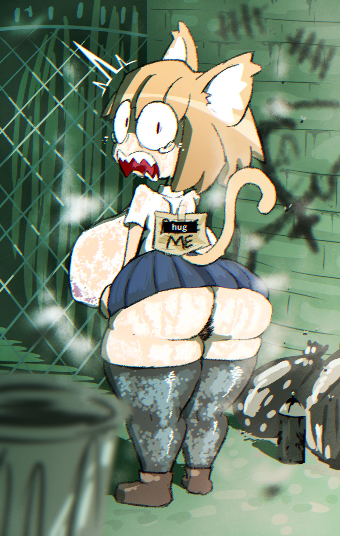 algob4v, graffiti, graffiti on wall, hairy pussy, imminent rape, neco-arc, scared, scared expression, see-through, see-through clothing, shortstack, sign, skirt, tape, tsukihime, type-moon