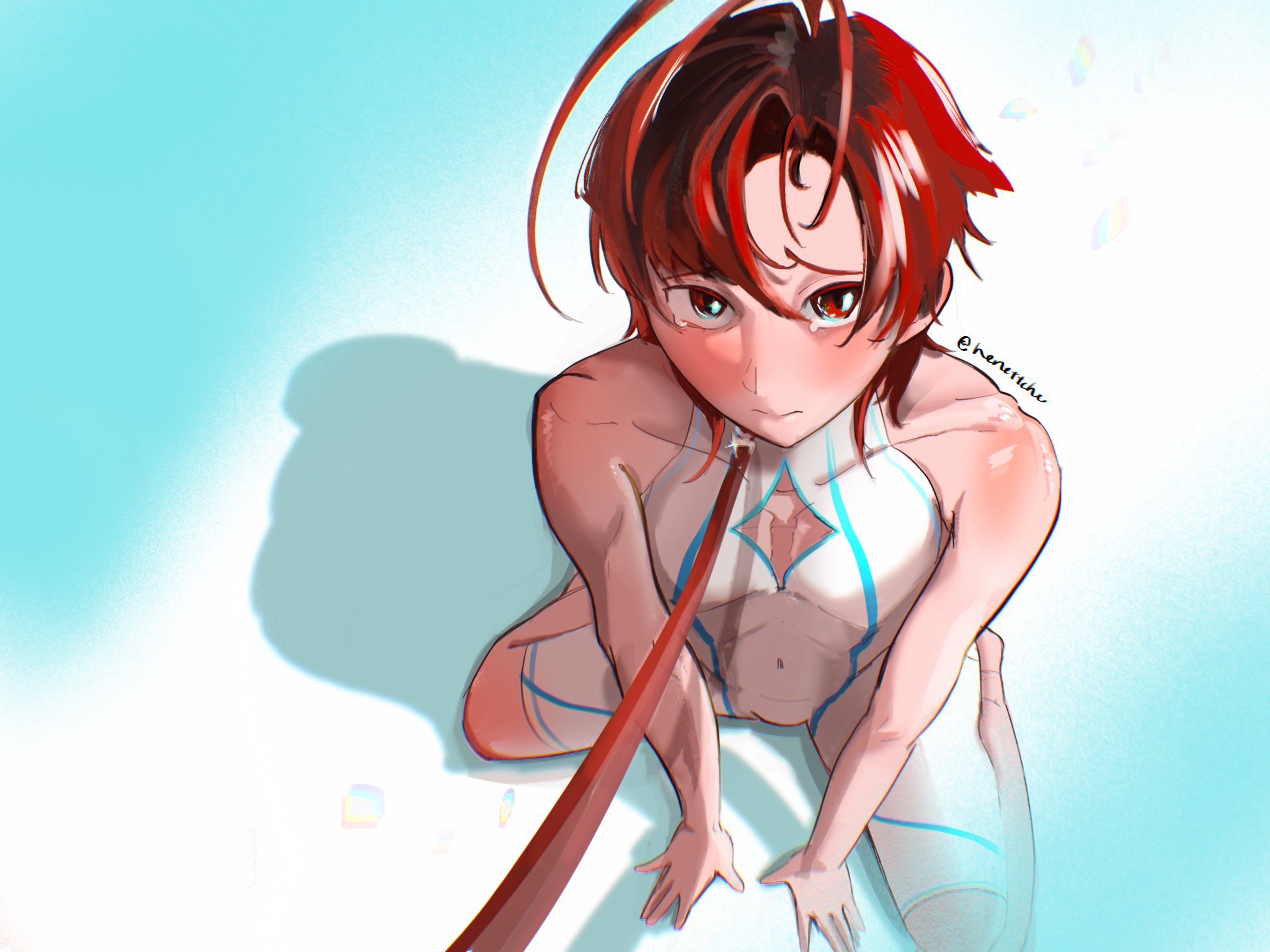 1boy, 1femboy, artist signature, bare shoulders, blush, blushing at viewer, bodysuit, chest window, collarbone, femboy, holostars, holostars english, holostars english -tempus-, kneeling, leash, machina x flayon, nenettchu (artist), otoko no ko, solo, tight clothing, virtual youtuber, white bodysuit