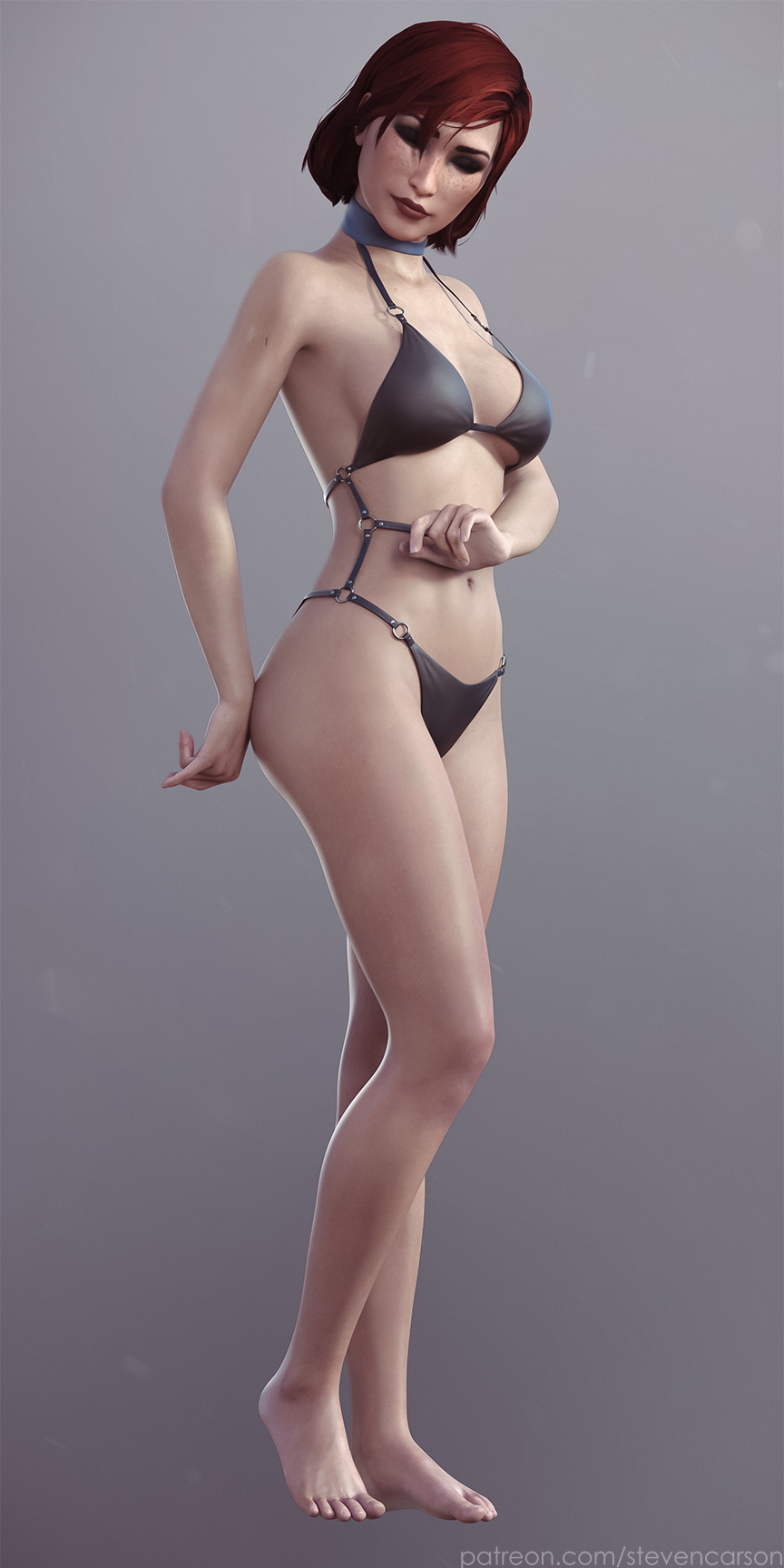 1girls, 3d, barefoot, bikini, breasts, cleavage, commander shepard, curvy, feet, female, female only, femshep, large breasts, mass effect, panties, red hair, solo, stevencarson