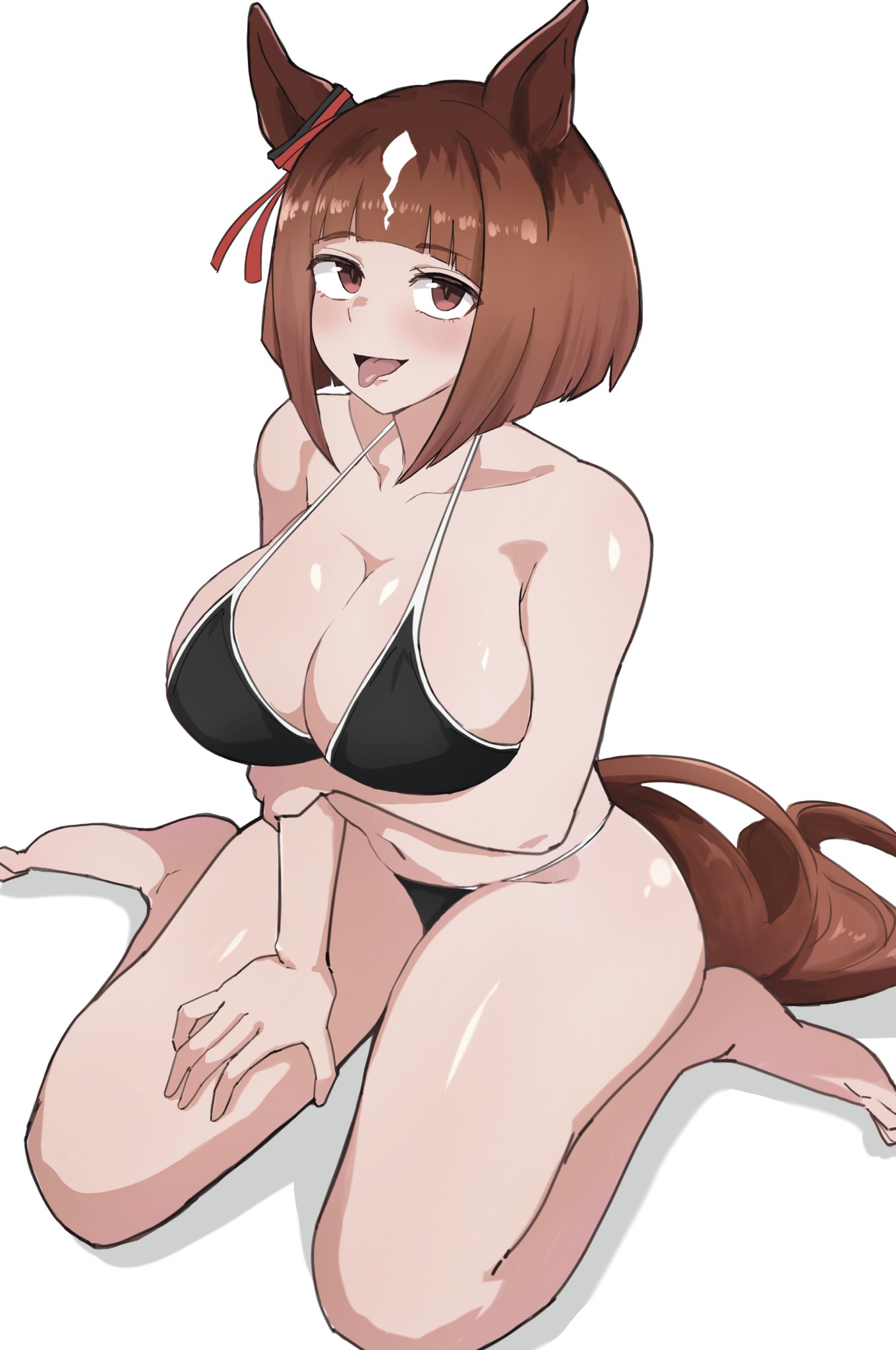 :p, 1girls, animal ears, arm under breasts, barefoot, bikini, black bikini, breasts, brown hair, cleavage, ear ornament, hi res, horse ears, horse girl, horse tail, large breasts, miya nns35, multicolored hair, navel, on ground, open mouth, red eyes, short hair, simple background, sitting, smile, solo, streaked hair, swimsuit, tail, tongue out, transcend (umamusume), umamusume, wariza, white background, white hair