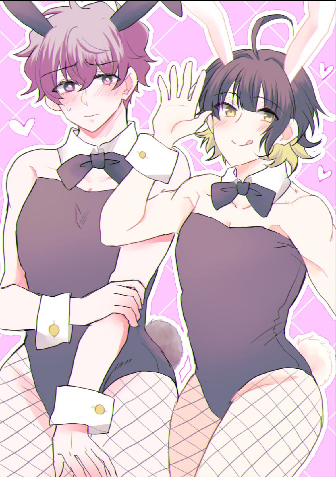2boys, 2d, 2femboys, alexis ness, bachira meguru, big thighs, black hair, blonde hair, blue lock, blush, bunny boy, bunny ears, bunny tail, bunnysuit, clothed, clothed male, color, crossover, duo, embarrassed, femboy, femboys, femboysub, feminine body, feminine male, fishnets, hand on elbow, heart, hearts around head, hips, legs together, leotard, looking at viewer, male, male only, male playboy bunny, multiple boys, neziren14, non-nude, petite femboy, pink background, pink eyes, pink hair, playboy bunny, playboy bunny costume, playboy bunny leotard, posing, posing for the viewer, shy expression, shy male, skinny femboy, slender build, slender waist, strapless leotard, submissive femboy, thick thighs, thighs, tongue, tongue out, twink, twinks, v line, yellow eyes