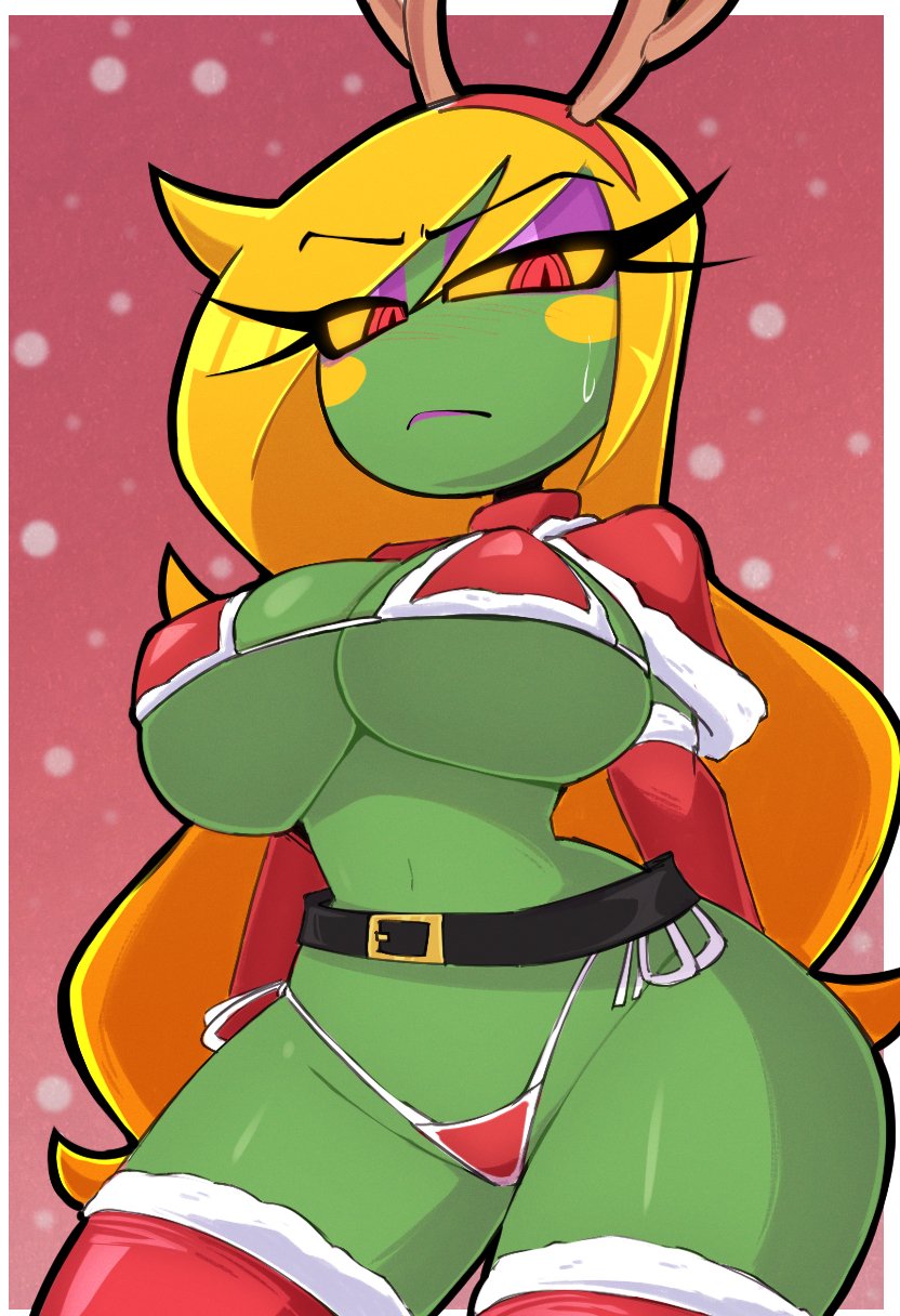 blonde hair, christmas, christmas outfit, eliza (nelljoestar), female, female only, looking at viewer, nelljoestar, reindeer antlers, simple background