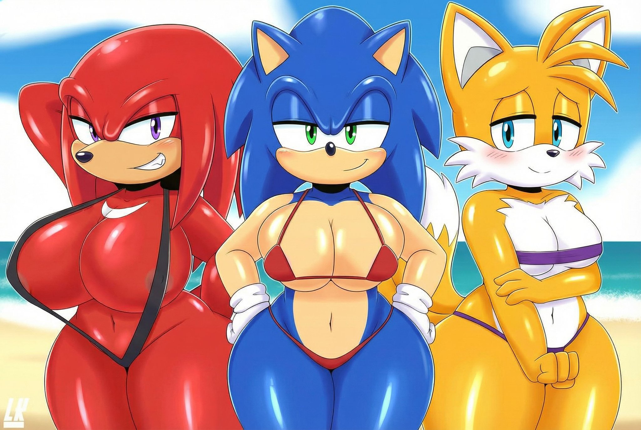 3girls, ai, ai assisted, ai generated, anthro, areola, ass, beach, big ass, big breasts, big butt, bikini, biped, blue eyes, blue skin, blush, breasts, clothed, clothing, cloud, curvy figure, day, echidna, female, female only, fingers, fox, fur, furry, furry only, genderswap (mtf), green eyes, group, hair, half-closed eyes, hand on head, hands on hips, handwear, hedgehog, huge breasts, knora the echidna, knuckles the echidna, large breasts, looking at viewer, makeup, male to female, mammal, miles tails prower, narrowed eyes, navel, outside, rule 63, sea, seaside, sega, shy, signature, skimpy, sky, sling bikini, small breasts, smile, sonic (series), sonic the hedgehog, sonic the hedgehog (series), sonique the hedgehog, swimwear, tail, tails the fox, tailsko, team sonic, team sonique, thick thighs, topwear, voluptuous, water, watermark, wide hips