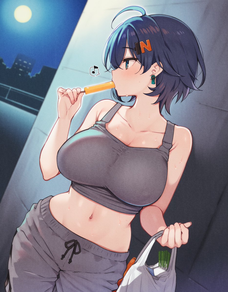 1girls, ahoge, ai generated, belle (zenless zone zero), blue hair, large breasts, popsicle, short hair, zenless zone zero
