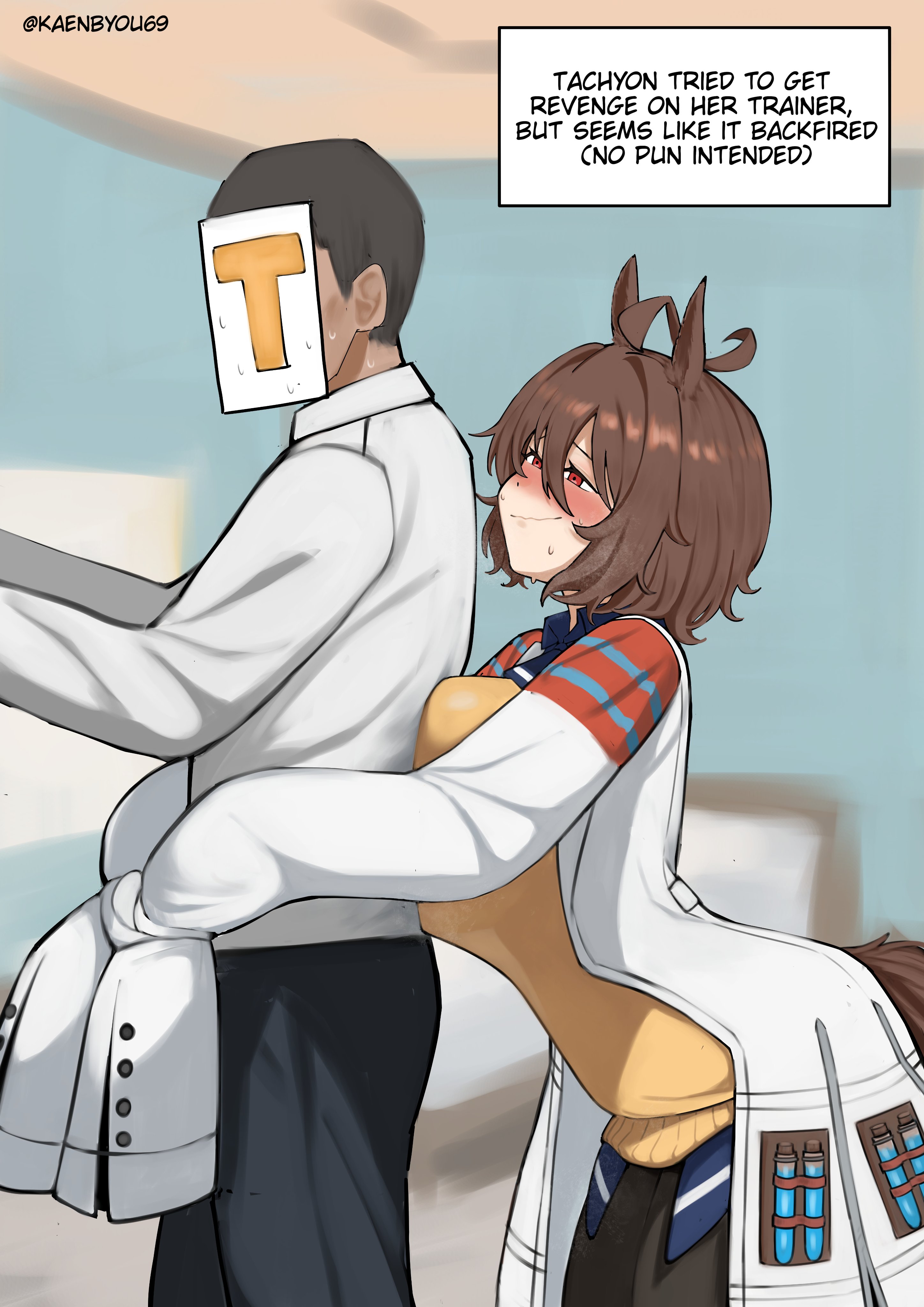 1boy, 1girls, absurdres, agnes tachyon (umamusume), ahoge, alternate breast size (larger), animal ears, big breasts, black hair, black pants, black pantyhose, blush, breast press, breasts, breasts on another's back, brown hair, coat, collared shirt, dark skin, dark-skinned male, dot nose, english text, female, hashtag-only commentary, highres, horse ears, horse girl, horse tail, hug, hug from behind, kaenby0u69, large breasts, long sleeves, looking at another, nervous smile, nervous sweating, oversized clothes, pants, pantyhose, red eyes, shirt, short hair, sleeves past fingers, sleeves past wrists, smile, standing, sweat, sweater vest, tail, test tube, trainer (umamusume), twitter username, umamusume, umamusume pretty derby, white coat, white shirt, yellow sweater vest