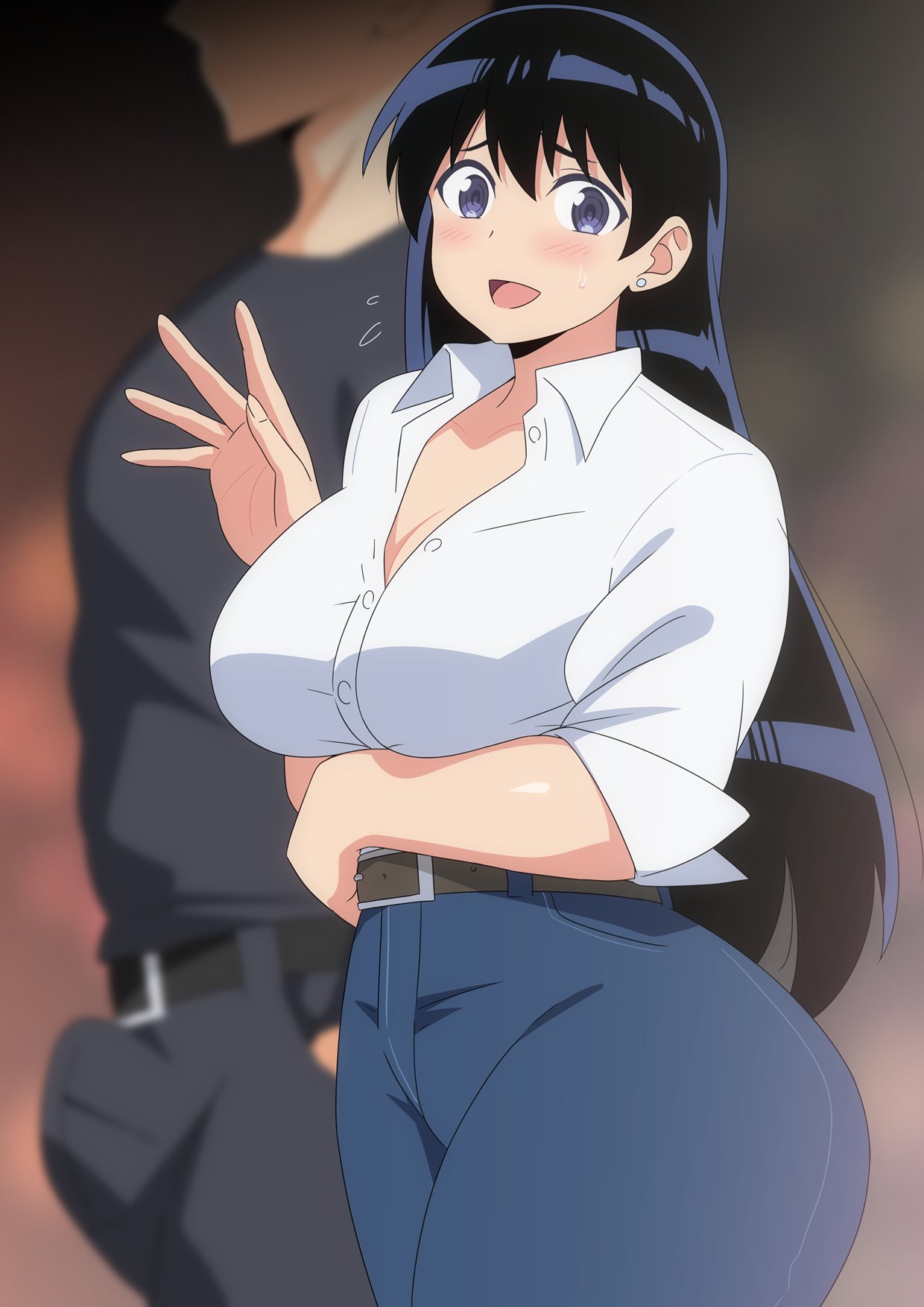 1boy, 1girls, arato nagi, arm under breasts, ass, belt, big ass, big breasts, black belt, black hair, black pants, black shirt, blue eyes, blue jeans, blush, breasts, brown belt, cleavage, clothed female, clothed male, collared shirt, commentary, commentary request, curvaceous, curvy, curvy female, denim, denim jeans, earrings, erection, erection under clothes, faceless, faceless male, female focus, hand in pocket, hara (harayutaka), highres, huge ass, imminent sex, jeans, jewelry, large ass, long hair, looking at viewer, ruri no houseki, sleeves rolled up, smile, standing, stud earrings, thick thighs, thighs, very long hair, voluptuous, voluptuous female, waving, waving at viewer, white collared shirt, white shirt, wide hips