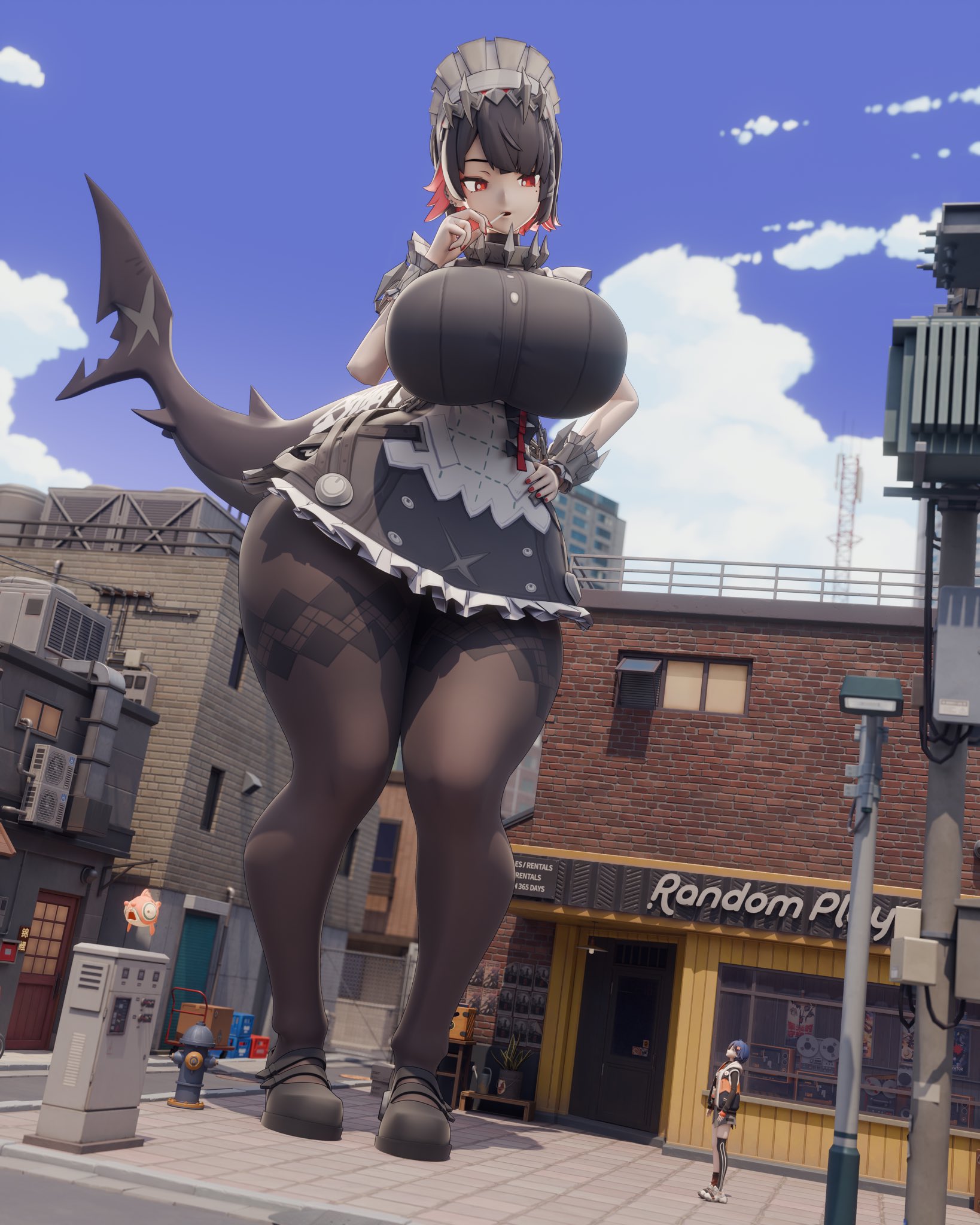 1girls, 2girls, 3d, 3d (artwork), belle (zenless zone zero), big breasts, blue hair, blue hair female, breasts, busty, busty female, clothed, clothed female, decodec, ellen joe, extreme size difference, female, female focus, female only, giantess, human, human female, large boobs, large breasts, maid, maid apron, maid dress, maid headdress, maid outfit, maid uniform, multiple females, multiple girls, shark girl, sharkgirl, size difference, thick thighs, thighs, video game character, zenless zone zero