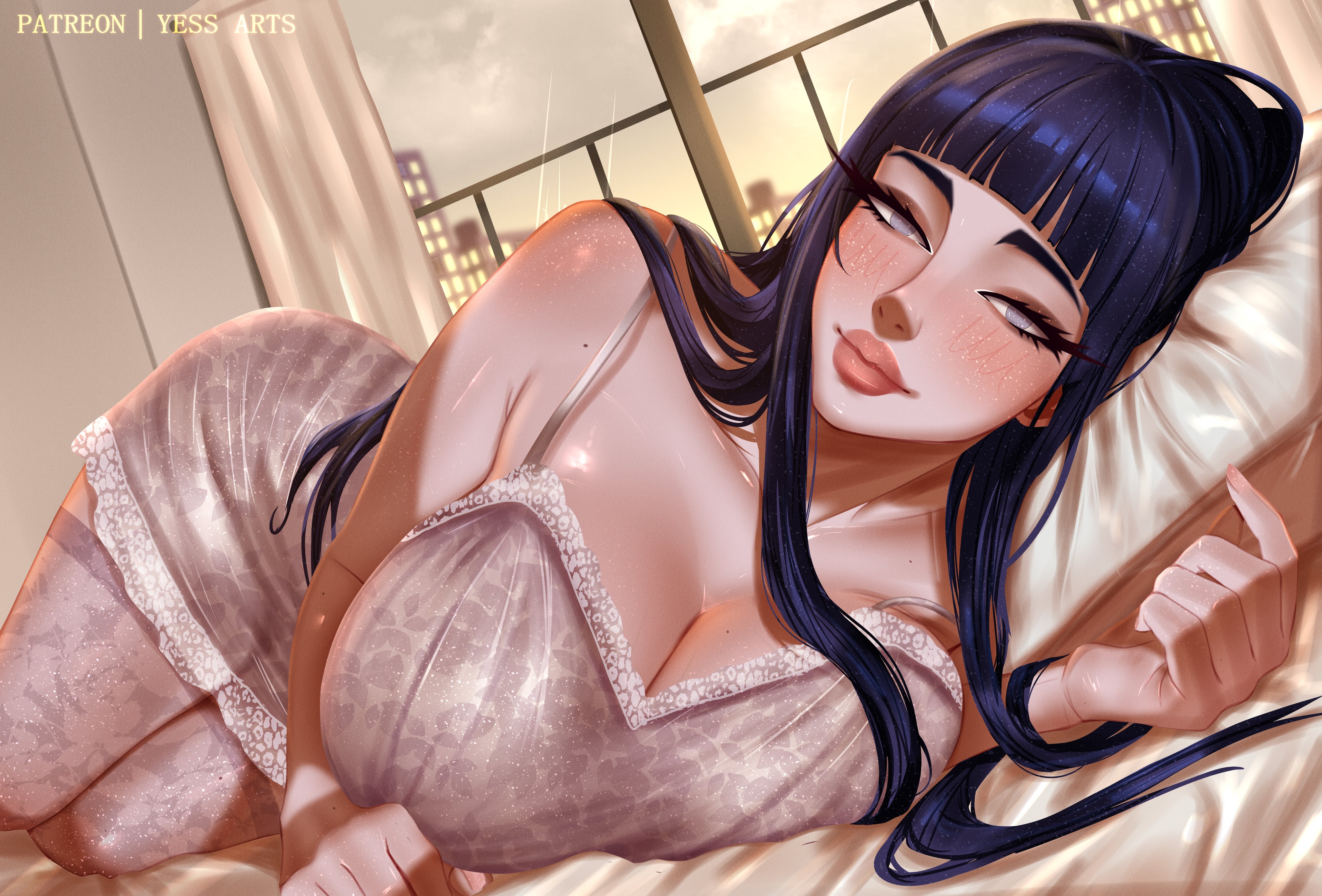 1girls, breasts, female, female focus, female only, hyuuga hinata, large breasts, light skin, light-skinned female, looking at viewer, mature female, milf, naruto (series), solo, thick thighs, thighs, wide hips, yessarts