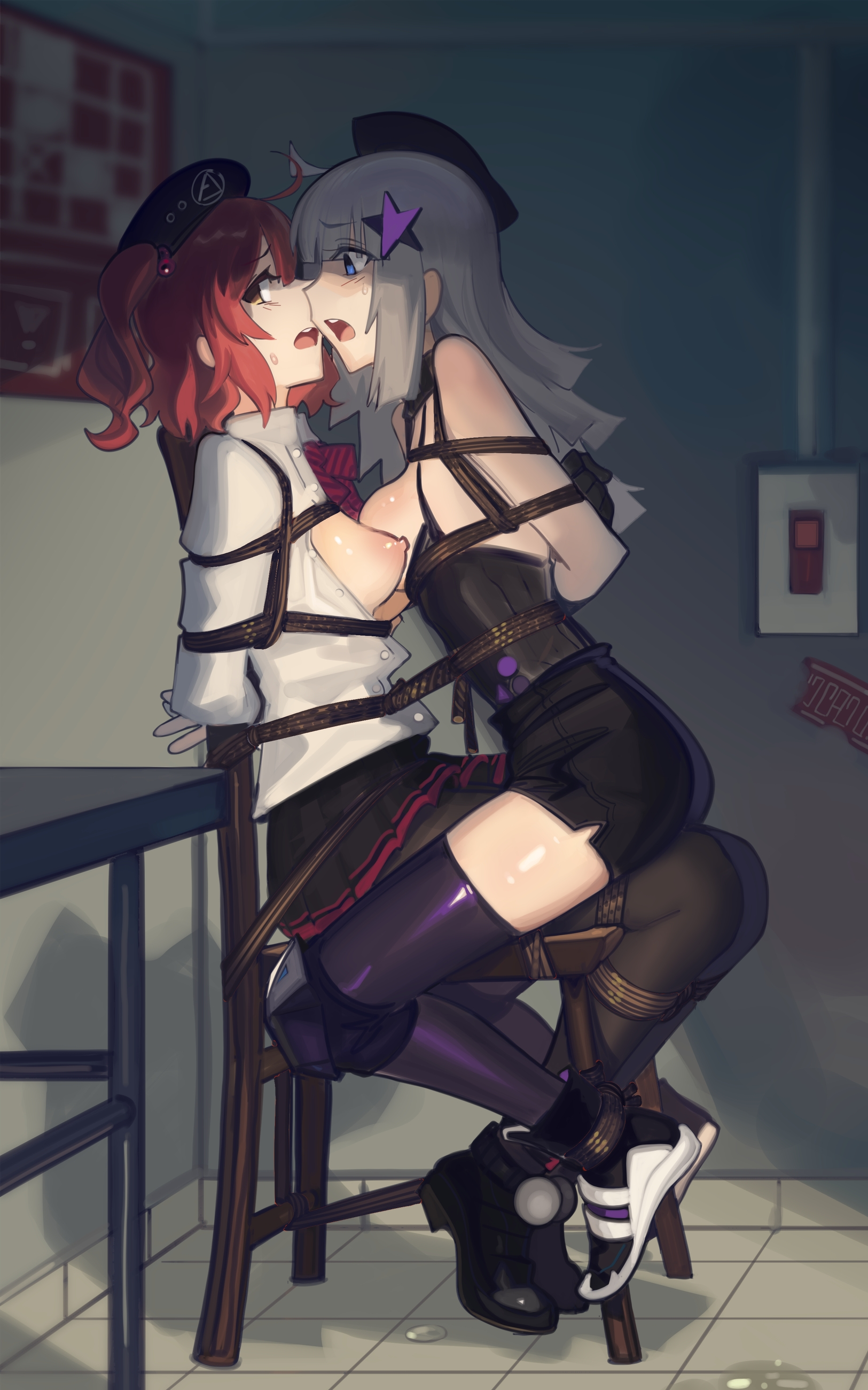 2girls, aa-12 (girls' frontline), alternate version at source, alternate version available, arms behind back, arms tied, beret, blonde hair, blue eyes, blush, bondage, bound together, breasts, breasts out, cad (caddo), chair, clothing, collared shirt, female, female only, forced yuri, girls' frontline, hair ornament, hat, indoors, long hair, looking at another, looking away, medium breasts, mp7 (girls' frontline), multiple girls, nipples, open clothes, open mouth, open shirt, pencil skirt, red hair, restrained, rope, rope bondage, shibari over clothes, shirt, shoes, shorts, side view, sideboob, sitting, sitting on lap, sitting on person, skirt, spread legs, sweat, sweatdrop, tank top, thighhighs, tied to chair, tied together, tied up, variant set, yellow eyes