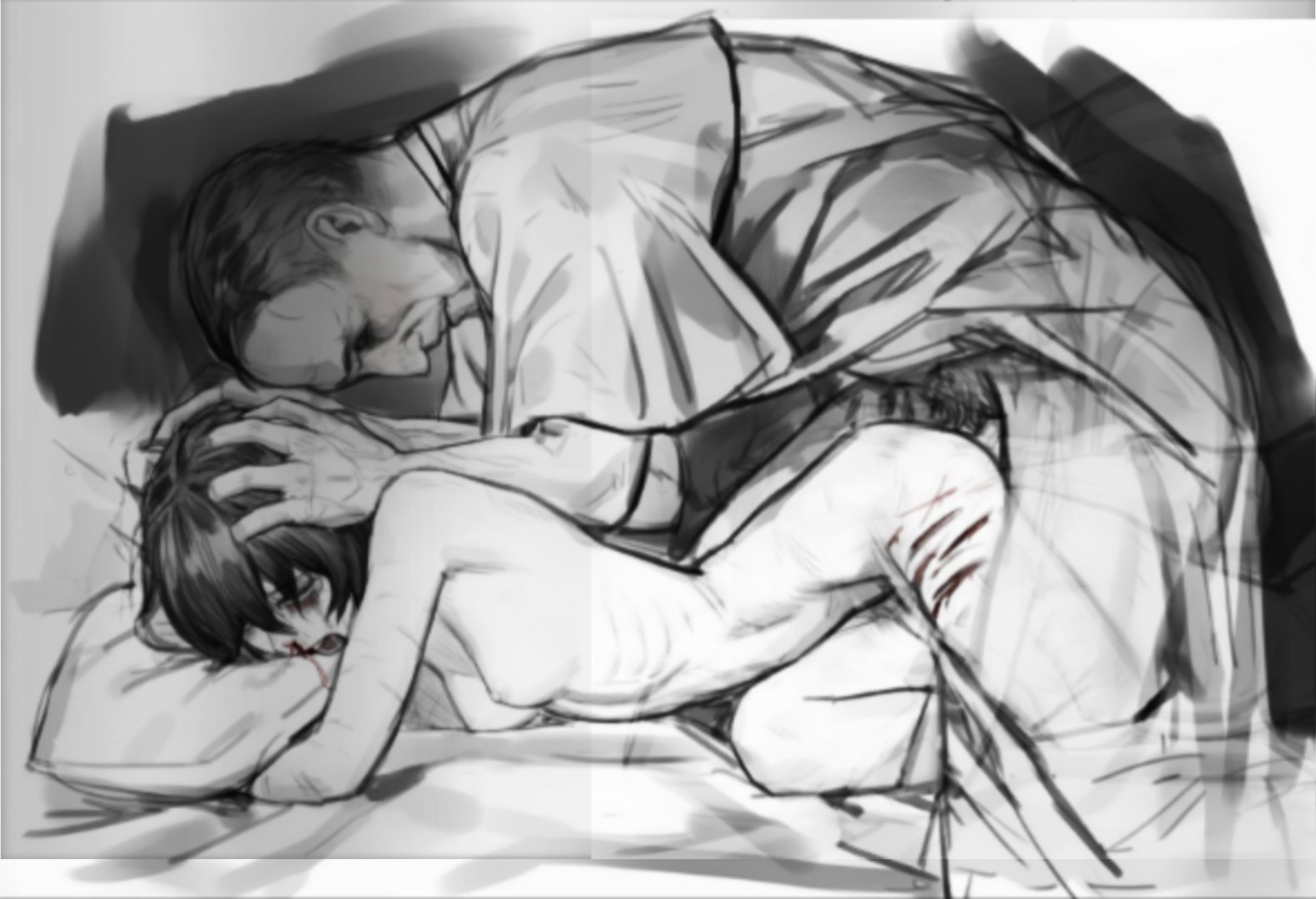 black eye, black eyes, bleeding nose, catholic, catholicism, clothed, crying, from behind, from behind position, hands behind head, hands on head, holding object, holding pillow, krautvan, older male, older male and younger female, on bed, penile penetration, penis in pussy, priest, self harm fetish, self harm scars, vankraut, young female, younger female