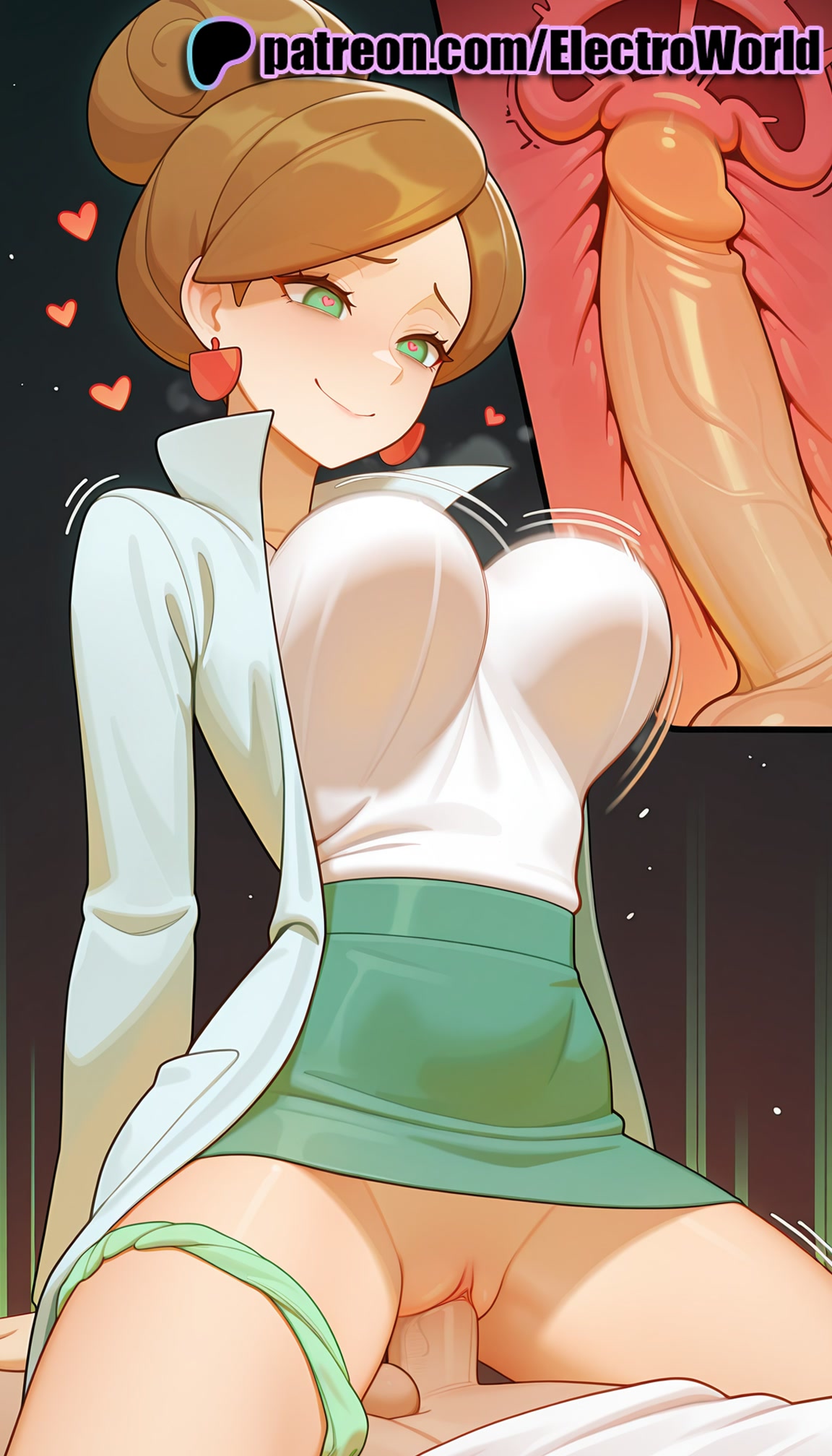 1boy, 1girls, 2025, ai generated, araragi (pokemon), artist name, aurea juniper, breasts, bust, cervix, chest, clit, clitoral hood, clitoris, clothed female nude male, clothed sex, cock, cowgirl position, cross section, dick, earrings, electroworld, exposed clitoris, exposed pussy, female, fucking, green eyes, green panties, heart, heart-shaped pupils, hi res, high quality, high resolution, highres, intercourse, internal cumshot, jewelry, juicy pussy, legs apart, legs spread, love making, open legs, panties, panties around one leg, patreon, patreon username, penetration, penis, pokemon, professor aurea juniper, professor juniper, pussy, riding, sex, sexual intercourse, smile, solo focus, splayed legs, spread legs, stable diffusion, straddling, straight, symbol-shaped pupils, testicles, tight pussy, uncensored, underwear, uterus, vagina, vaginal penetration, watermark, woman on top