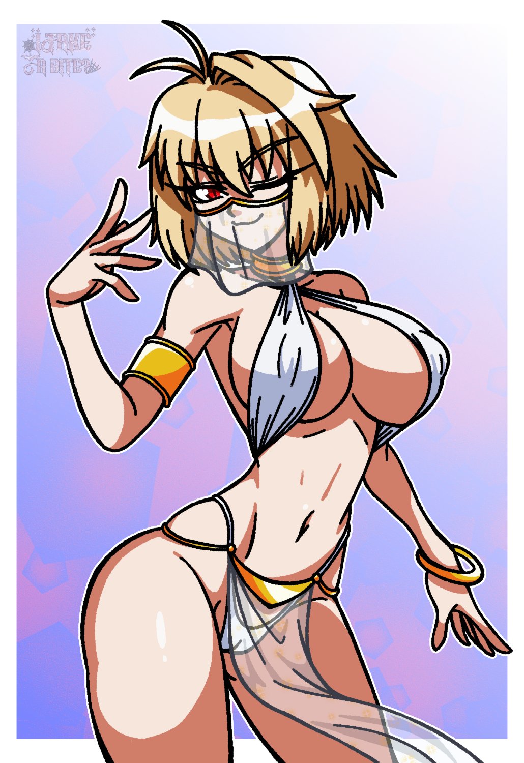 1girls, alternate costume, arcueid brunestud, areola slip, areolae, blonde hair, bracelet, bracelets, breasts, cleavage, detached sleeves, female only, harem outfit, itakeabite, large breasts, loincloth, long hair, nipple slip, one eye closed, pelvic curtain, posing, red eyes, see-through, short hair, smile, solo, stomach, thick thighs, thighs, tsukihime, tsukihime (remake), veil, wink