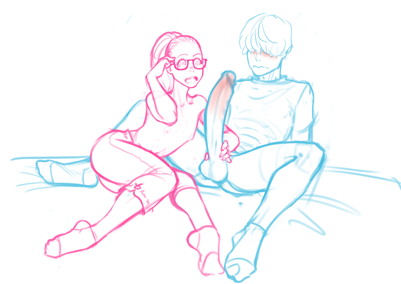 1boy, 1girls, balls, bbc-chan, blush, bottomless, boyfriend, clothed, clothed female, clothed female nude male, couple, erect penis, erection, exposed balls, exposed penis, female, girlfriend, glasses, grabbing, grabbing penis, hand on penis, handjob, large penis, male, male/female, penis, penis awe, ponytail, sketch, stockings, surprised, testicles